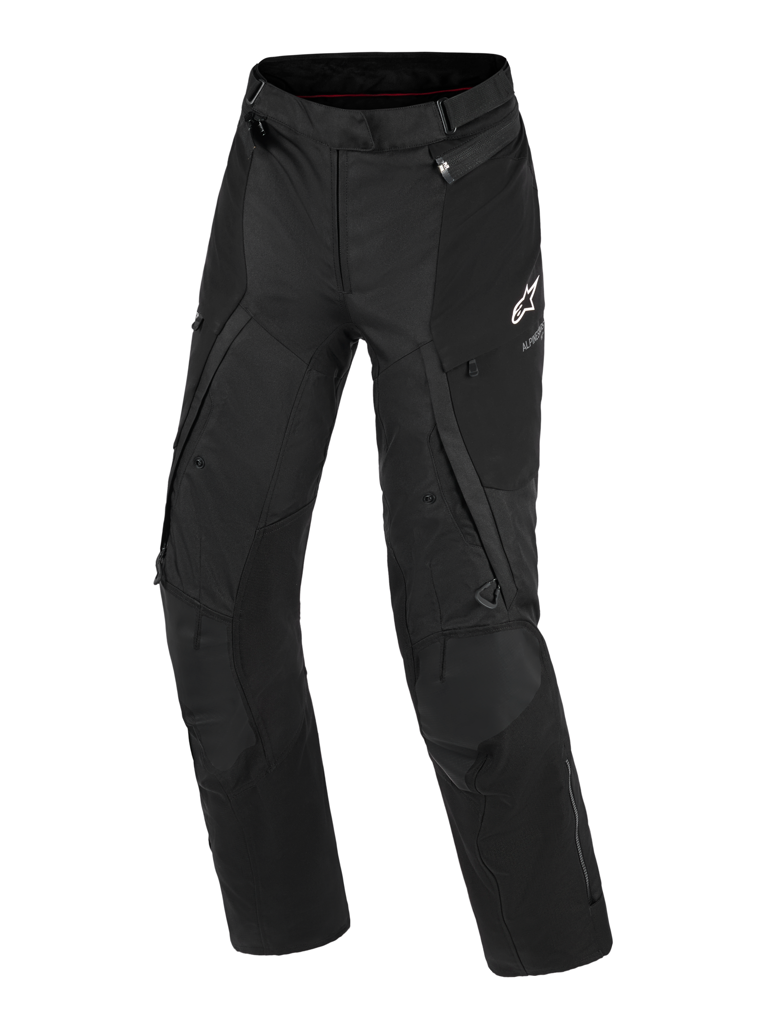 Alpinestars Stella Andes V4 Drystar® broek, dames adventure motorbroek, zwart, vooraanzicht met technische textielconstructie, wit Alpinestars-logo op de linker dij, cargo-zakken en ventilatieritsen, duurzame motorkleding voor alle weersomstandigheden