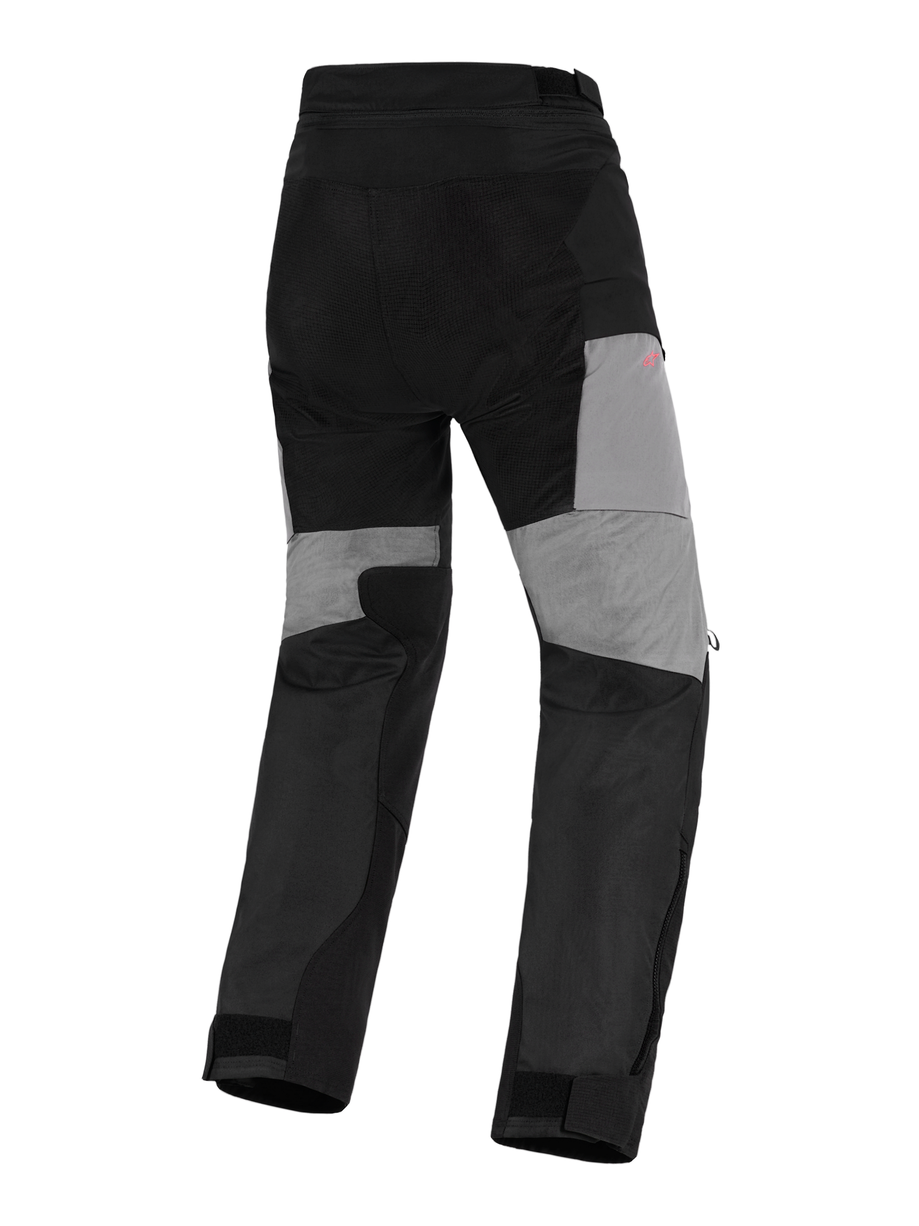 Alpinestars Stella Andes V4 Drystar® broek, dames adventure motorbroek, zwart en donkergrijs, achteraanzicht met grijze panelen op de achterkant van de pijpen, duurzame ripstop-versterkingen op het zitvlak en stretchzones voor bewegingsvrijheid, waterdicht textielontwerp.