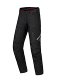Alpinestars Honda Stella ST-1 Waterproof Pants, Black Women's Motorcycle Touring Pants, Red Interior Waistband Lining, Two Vertical Zippered Thigh Pockets, Alpinestars Logo on Leg, Durable Textile Adventure Gear