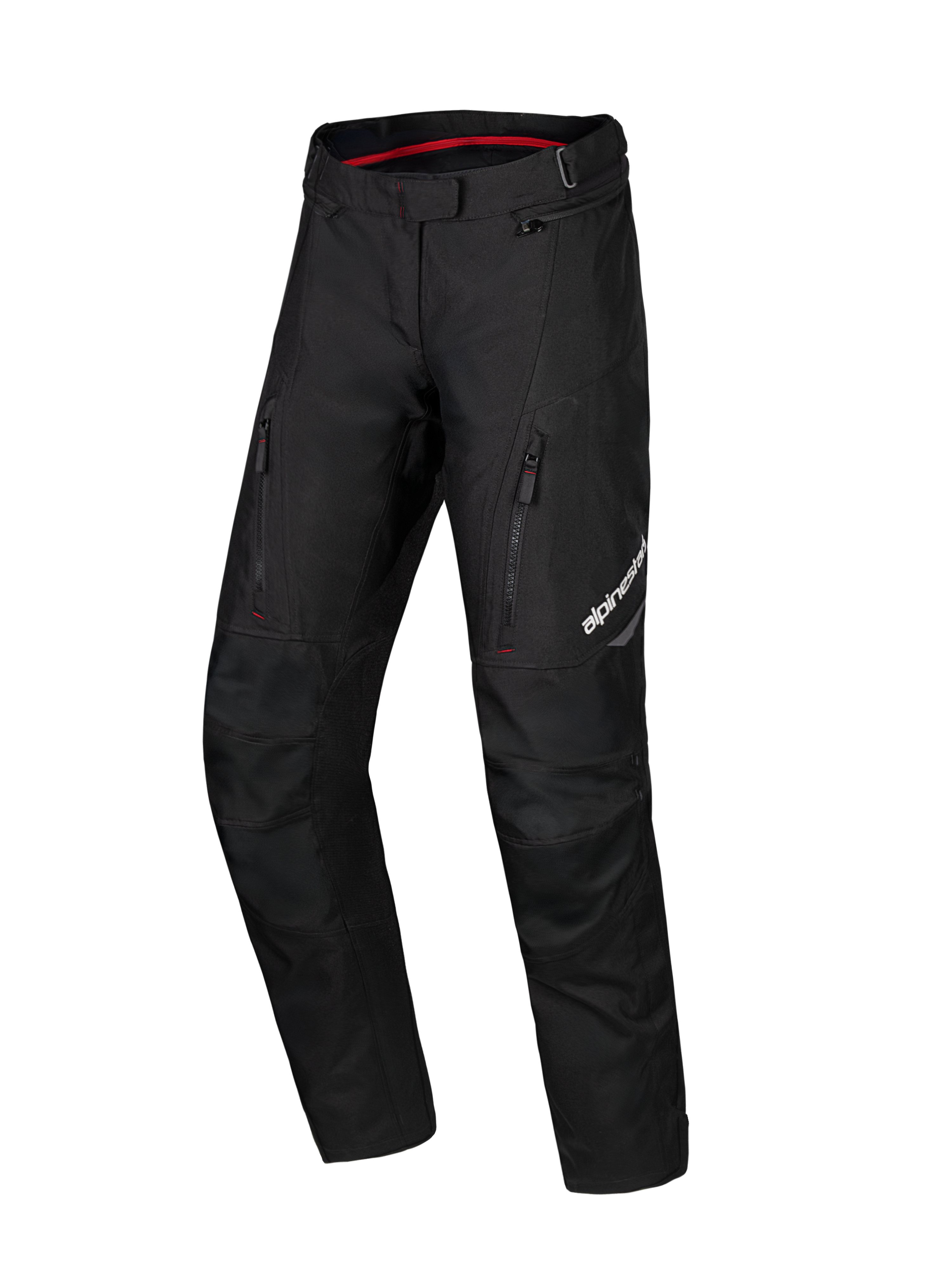 Alpinestars Honda Stella ST-1 Waterproof Pants, Black Women's Motorcycle Touring Pants, Red Interior Waistband Lining, Two Vertical Zippered Thigh Pockets, Alpinestars Logo on Leg, Durable Textile Adventure Gear