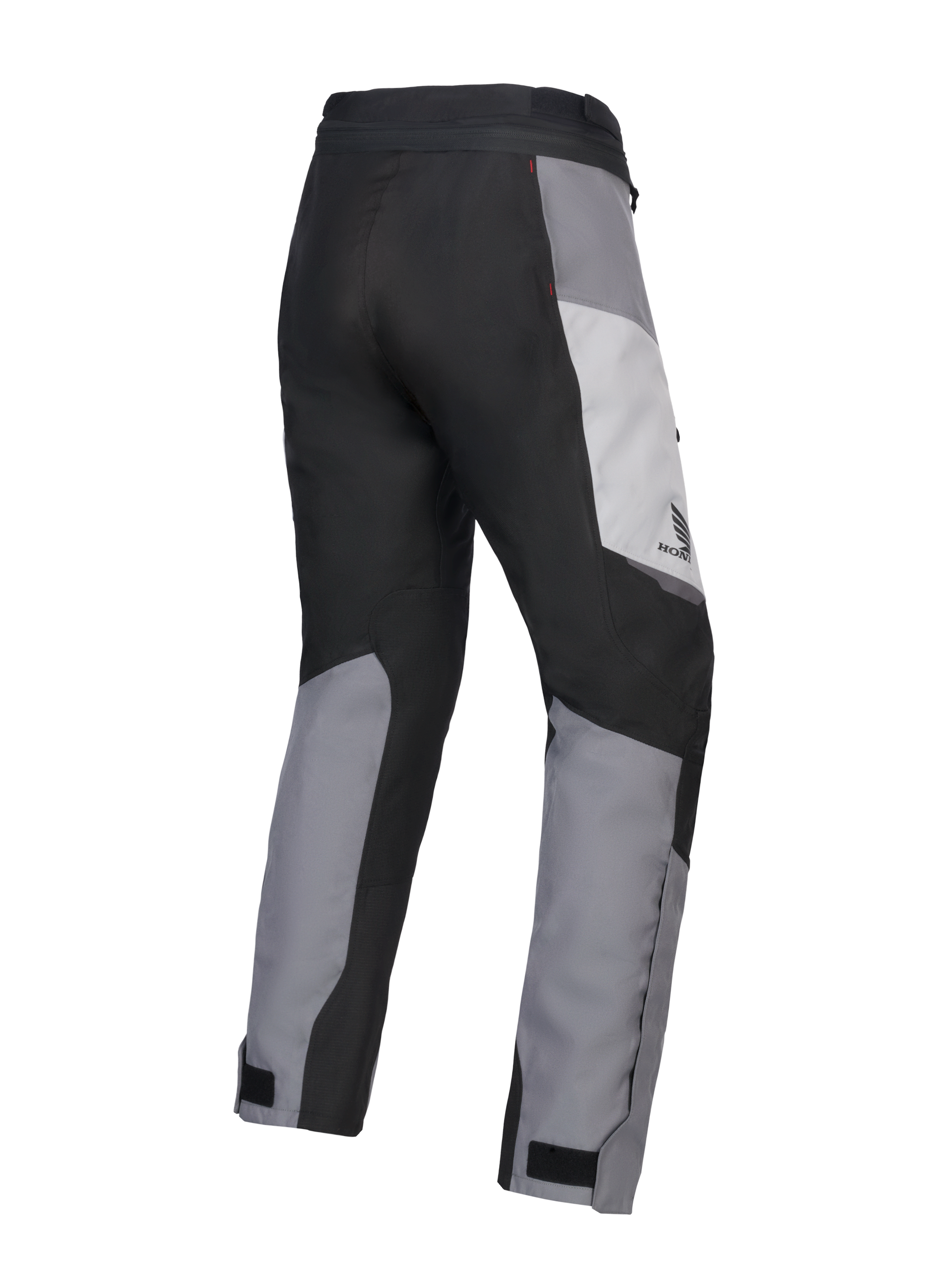 Alpinestars 2025 Honda Stella ST-1 Waterproof damesbroek, motor toerbroek voor dames, Ice Gray, Dark Gray en zwart, driekwart achteraanzicht met duurzame textielconstructie, grijs en zwart kleurgeblokte panelen, Honda-branding op de heup en verstelbare enkelafsluitingen.