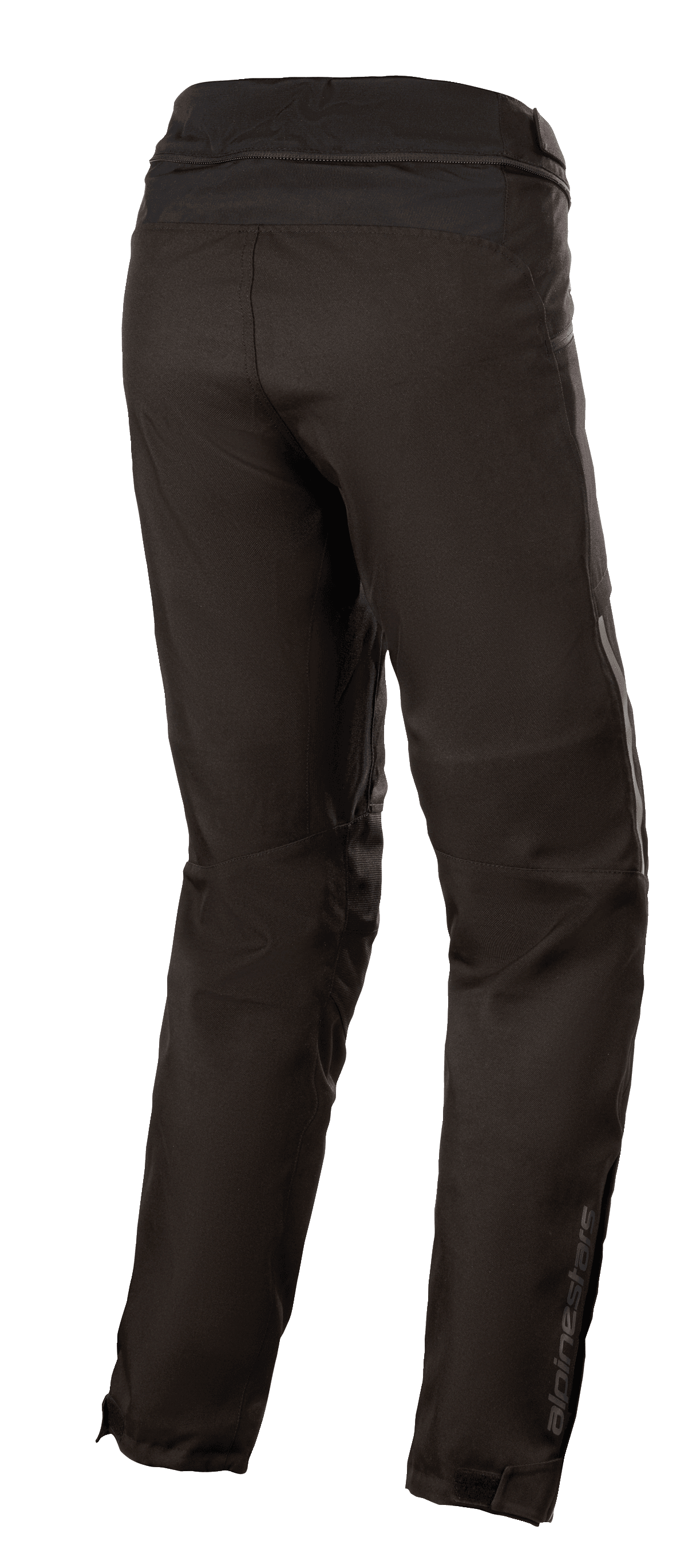 Alpinestars Stella AST-1 V2 Waterproof broek, textiele motorbroek voor dames, zwart, driekwart achteraanzicht met taille-verbindingsrits, voorgevormde benen en reflecterend Alpinestars-logo op de onderste kuit