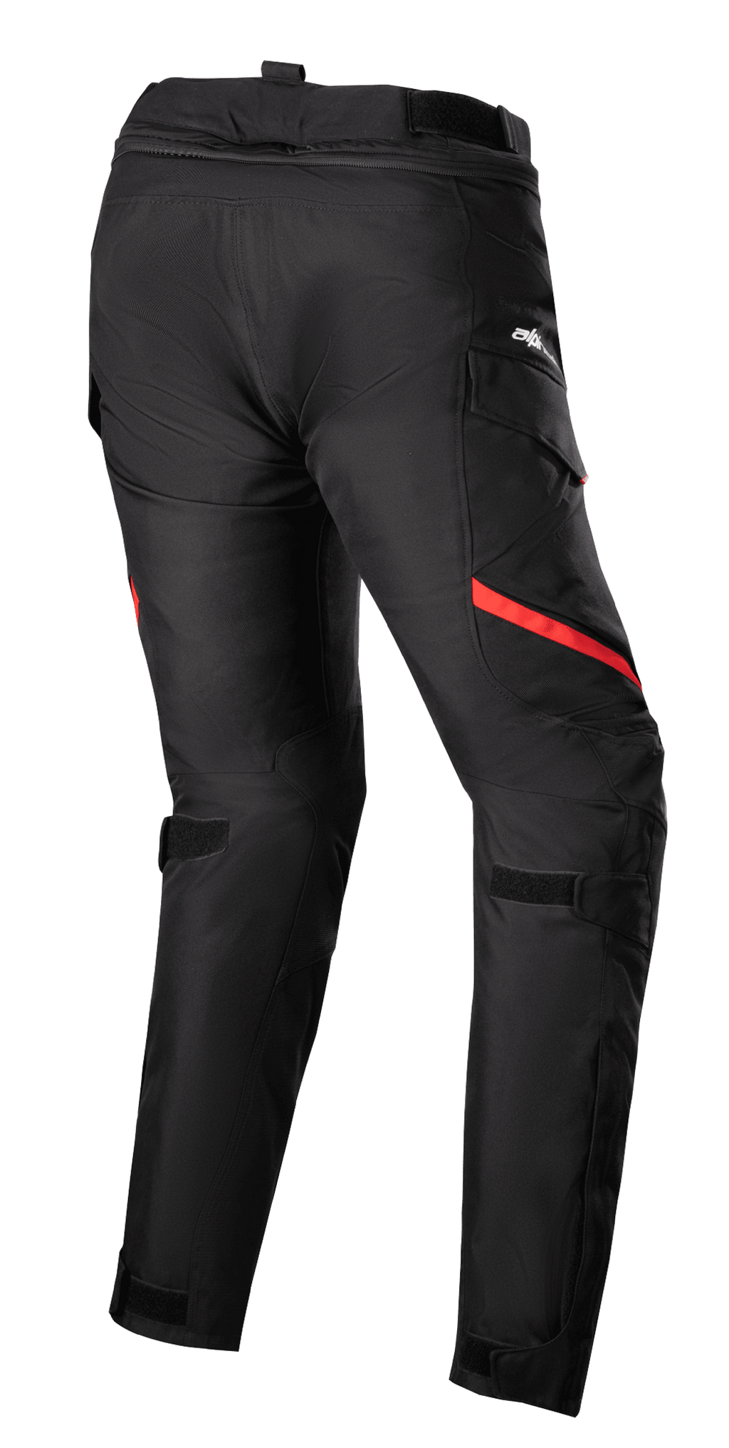 Alpinestars Stella Honda Andes V3 Drystar® damesbroek, motor toerbroek, zwart en felrood, achteraanzicht met cargozakken, verstelbare taille- en kniebanden en duurzame textielconstructie voor rijden in alle weersomstandigheden