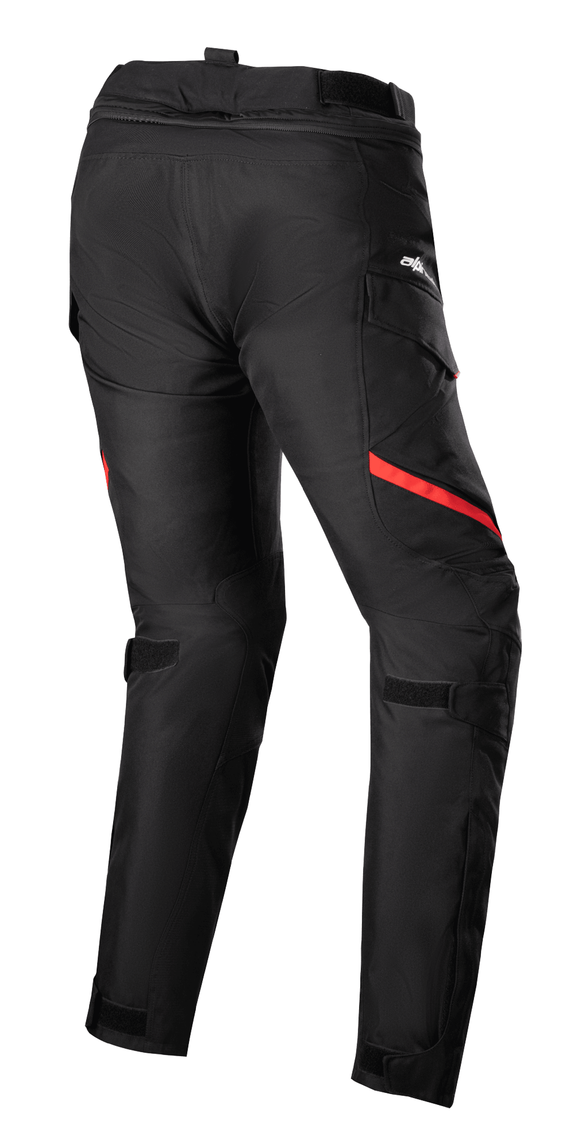 Alpinestars Stella Honda Andes V3 Drystar® damesbroek, motor toerbroek, zwart en felrood, achteraanzicht met cargozakken, verstelbare taille- en kniebanden en duurzame textielconstructie voor rijden in alle weersomstandigheden