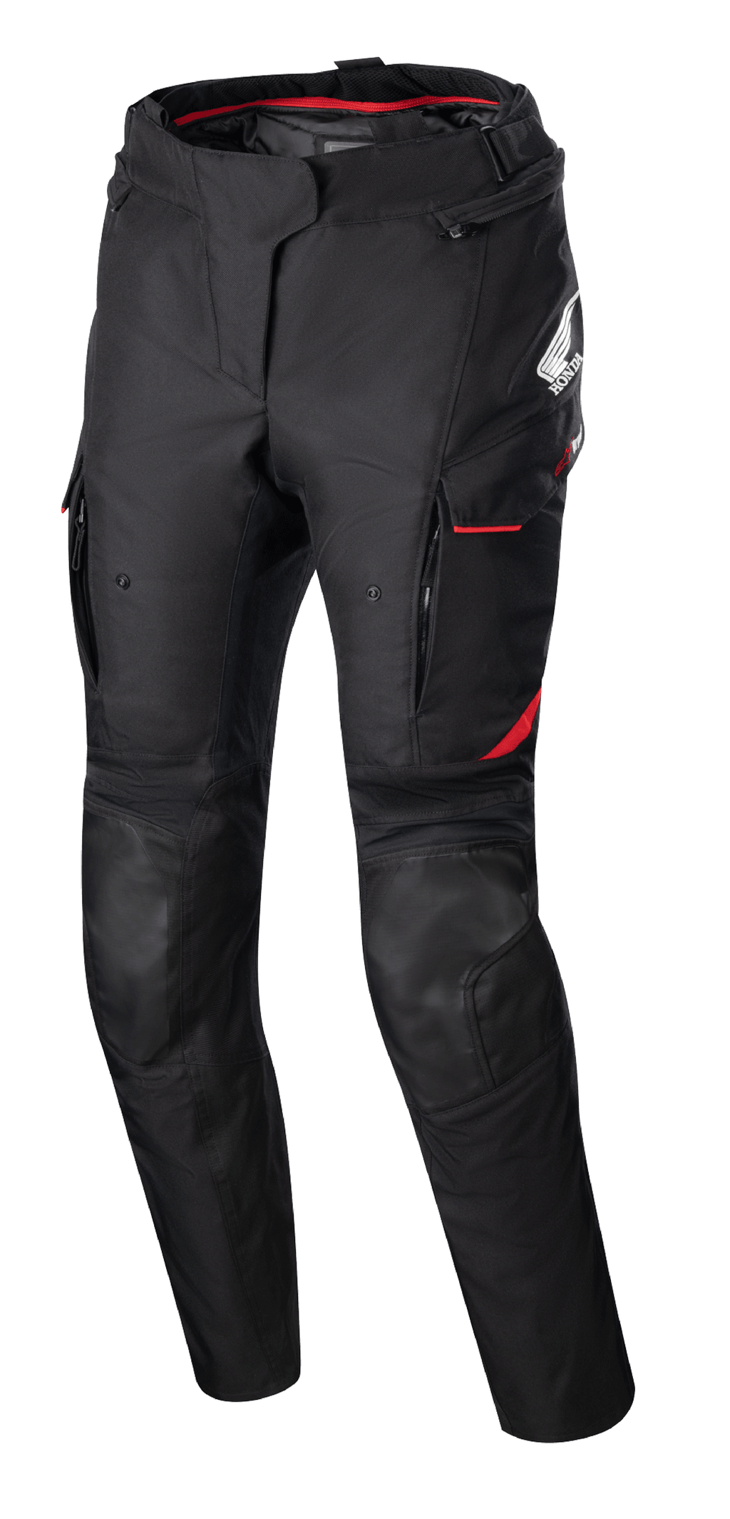 Alpinestars Stella Honda Andes V3 Drystar dames motorbroek, textiele motorbroek, zwart met felrode accenten, voorzien van Honda- en Alpinestars-branding, cargozakken met rode bies, versterkte kniepanelen, verstelbare tailleband en rode binnenvoering bij de taille