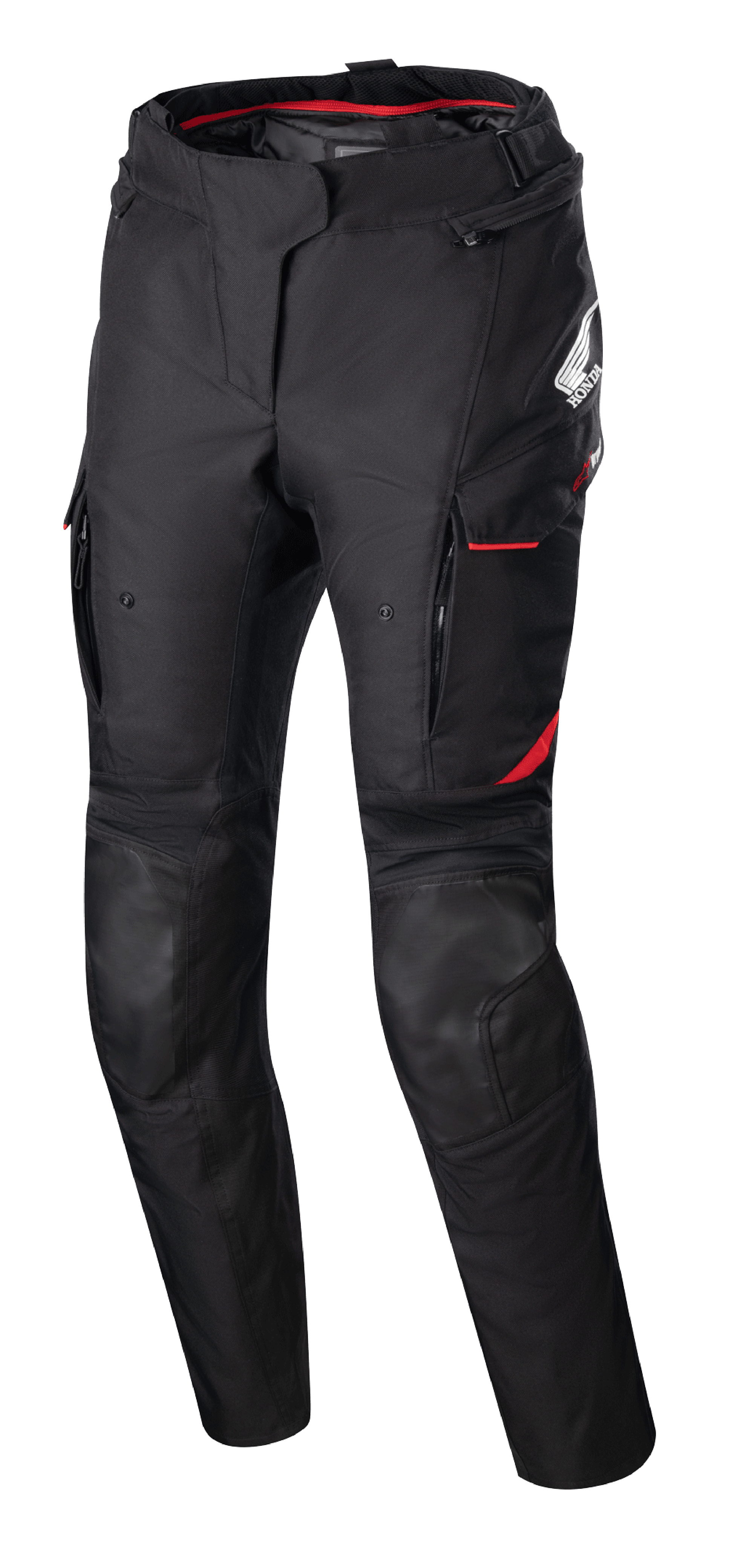 Alpinestars Stella Honda Andes V3 Drystar dames motorbroek, textiele motorbroek, zwart met felrode accenten, voorzien van Honda- en Alpinestars-branding, cargozakken met rode bies, versterkte kniepanelen, verstelbare tailleband en rode binnenvoering bij de taille