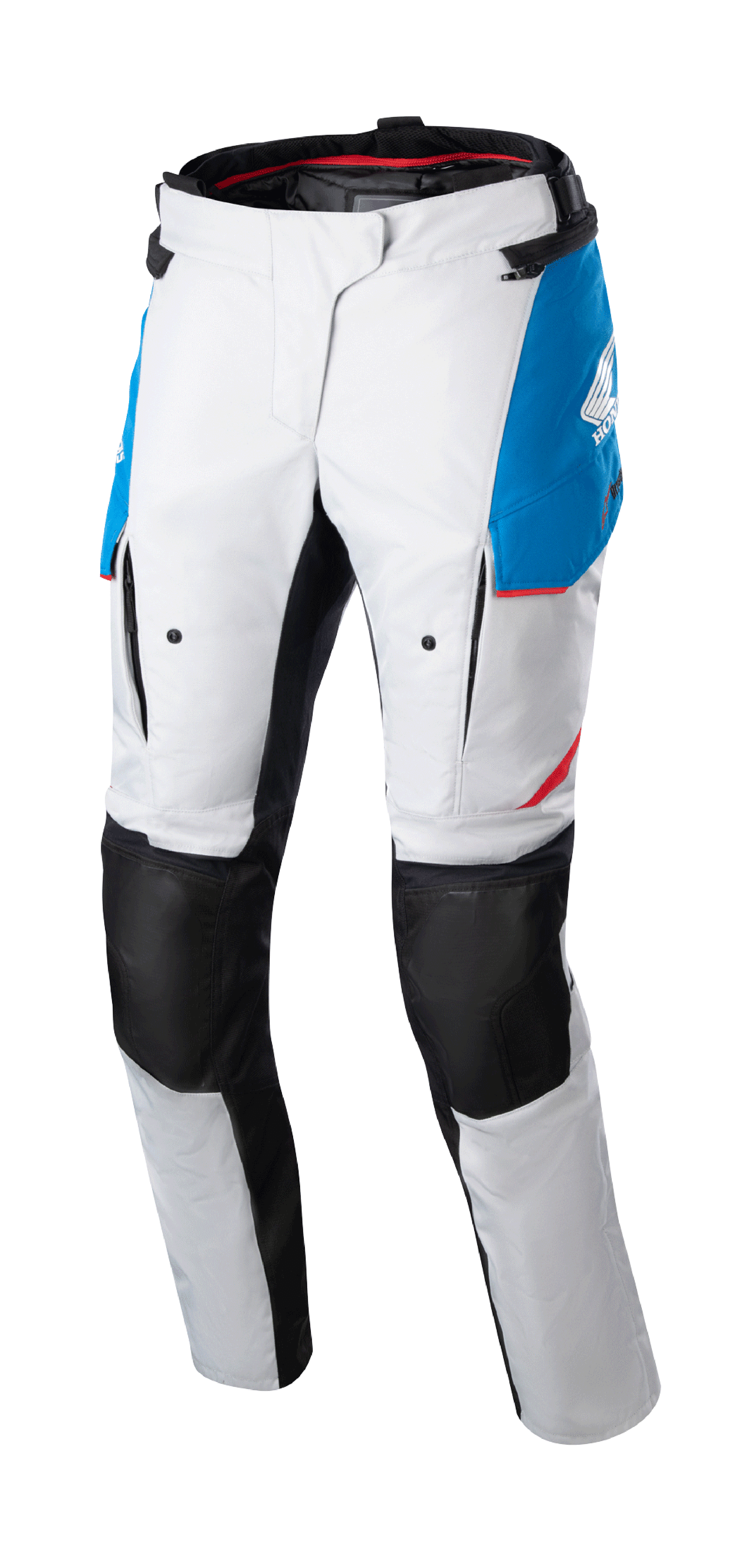 Alpinestars Women Stella Honda Andes V3 Drystar® Pants, Motorcycle Touring Pants, Ice Gray with Blue and Bright Red accents, black reinforced knee panels, featuring cargo pockets and Honda branding, waterproof adventure riding design