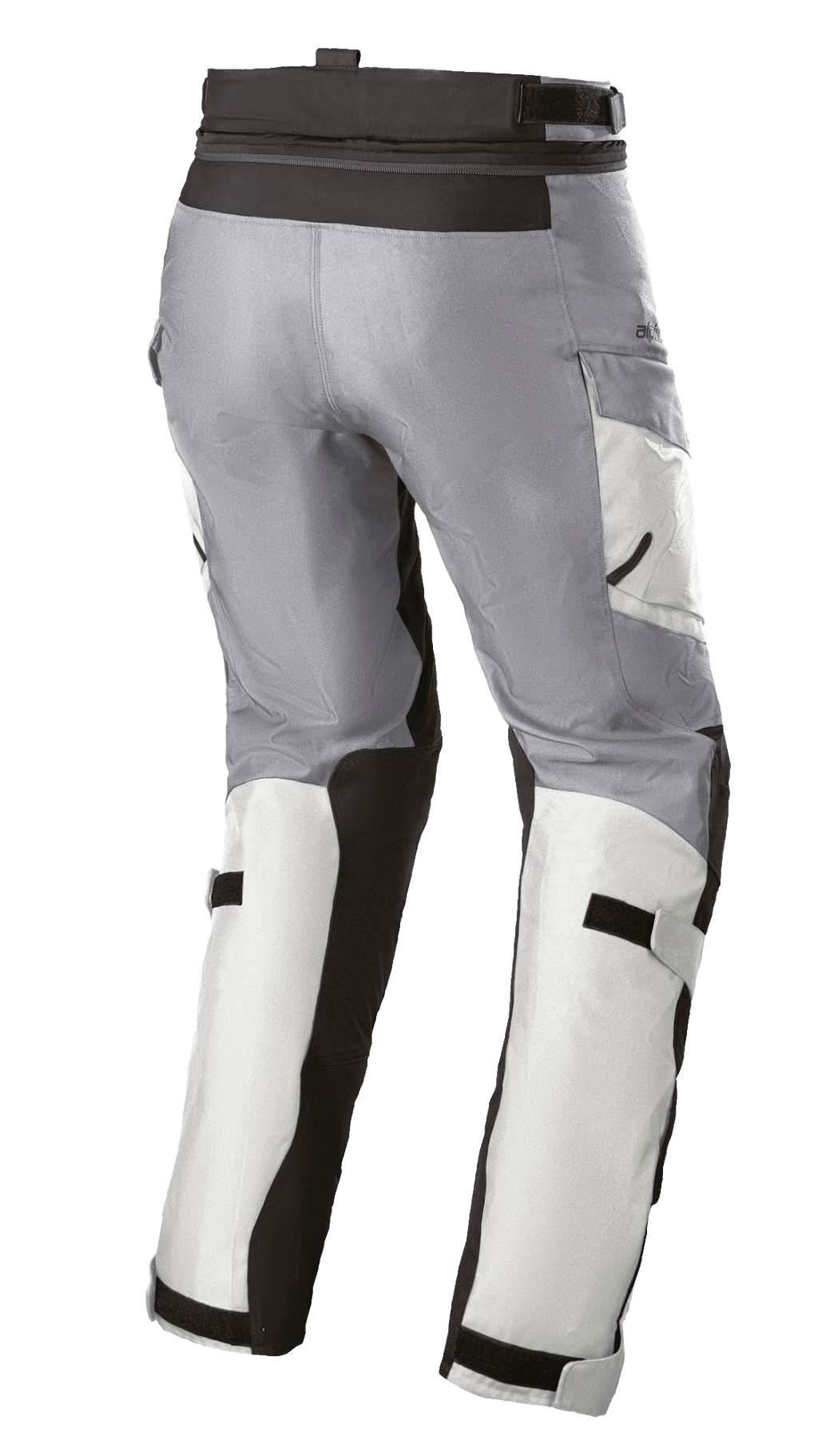 Alpinestars Stella Andes V3 Drystar® damesbroek, touring motorbroek, Ice Gray en Dark Gray, driekwart achteraanzicht met verstelbare taille- en kuitbanden, cargo-zakken en versterkte panelen.