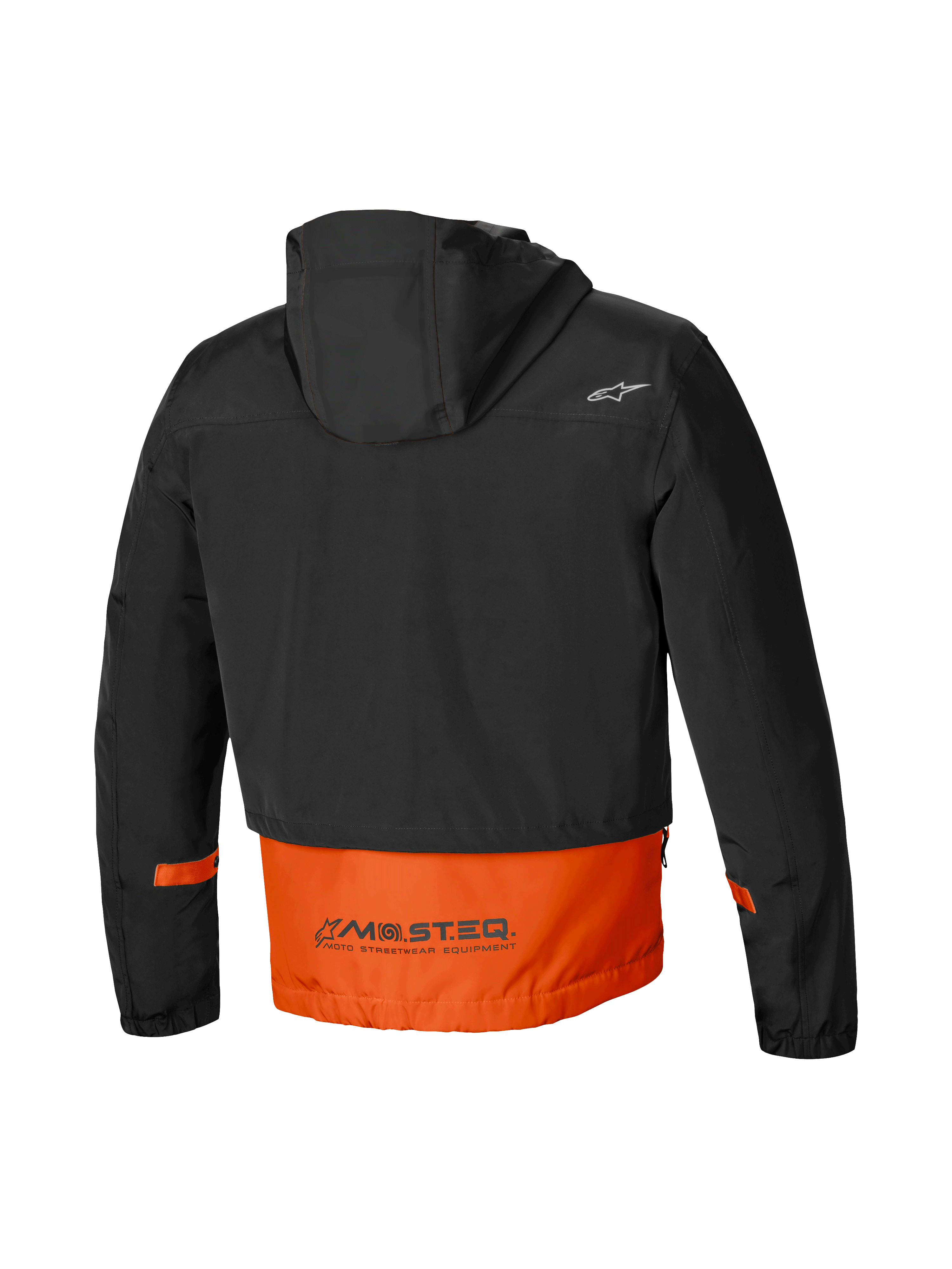 Alpinestars Mootant Waterproof Parka, heren-motorjas voor stedelijk gebruik, achteraanzicht met vaste capuchon en MO.ST.EQ.-reflecterend woordmerk in oranje en zwart