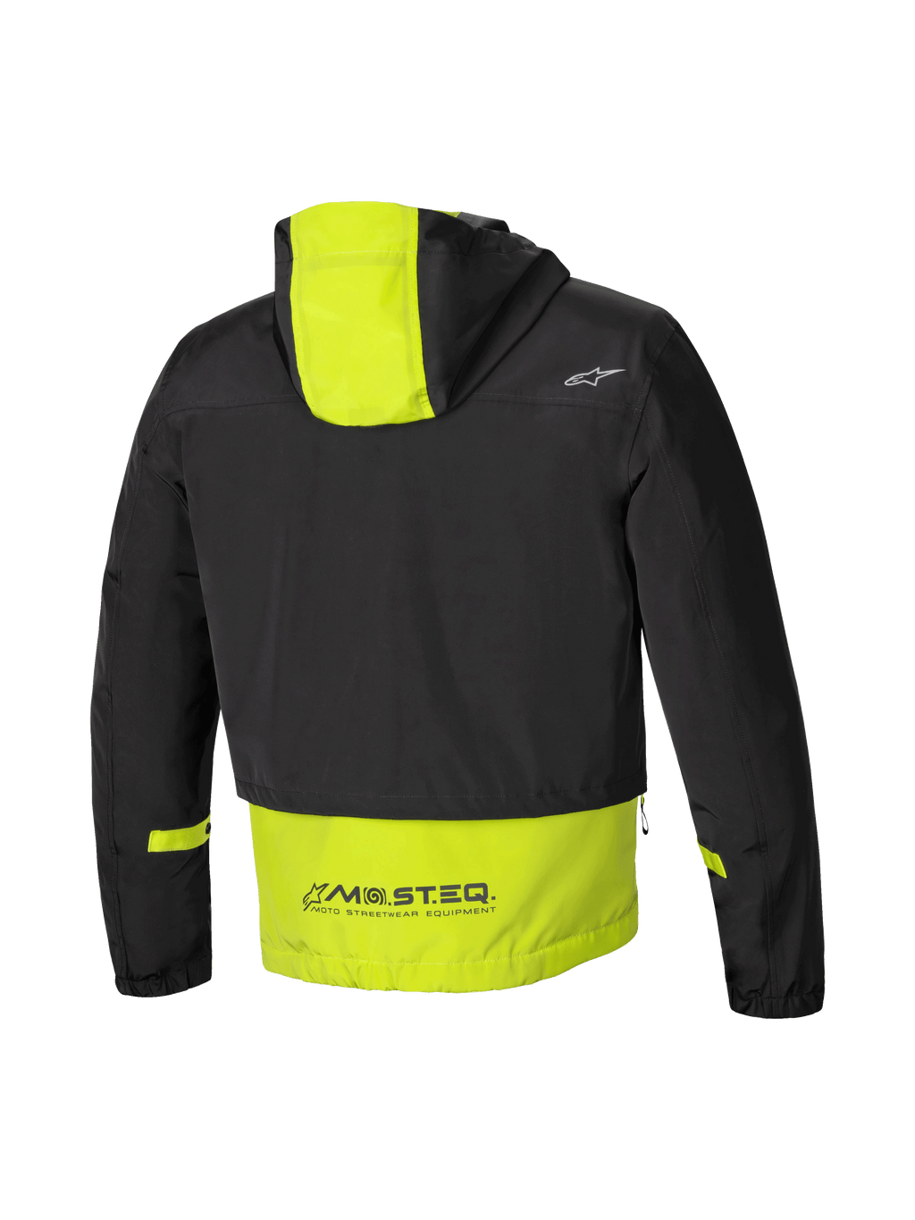 Alpinestars Mootant Waterdichte Parka, modulaire motorjas, achteraanzicht met capuchon en MO.ST.EQ.-branding, zwart en limoengroen, CE-gecertificeerd