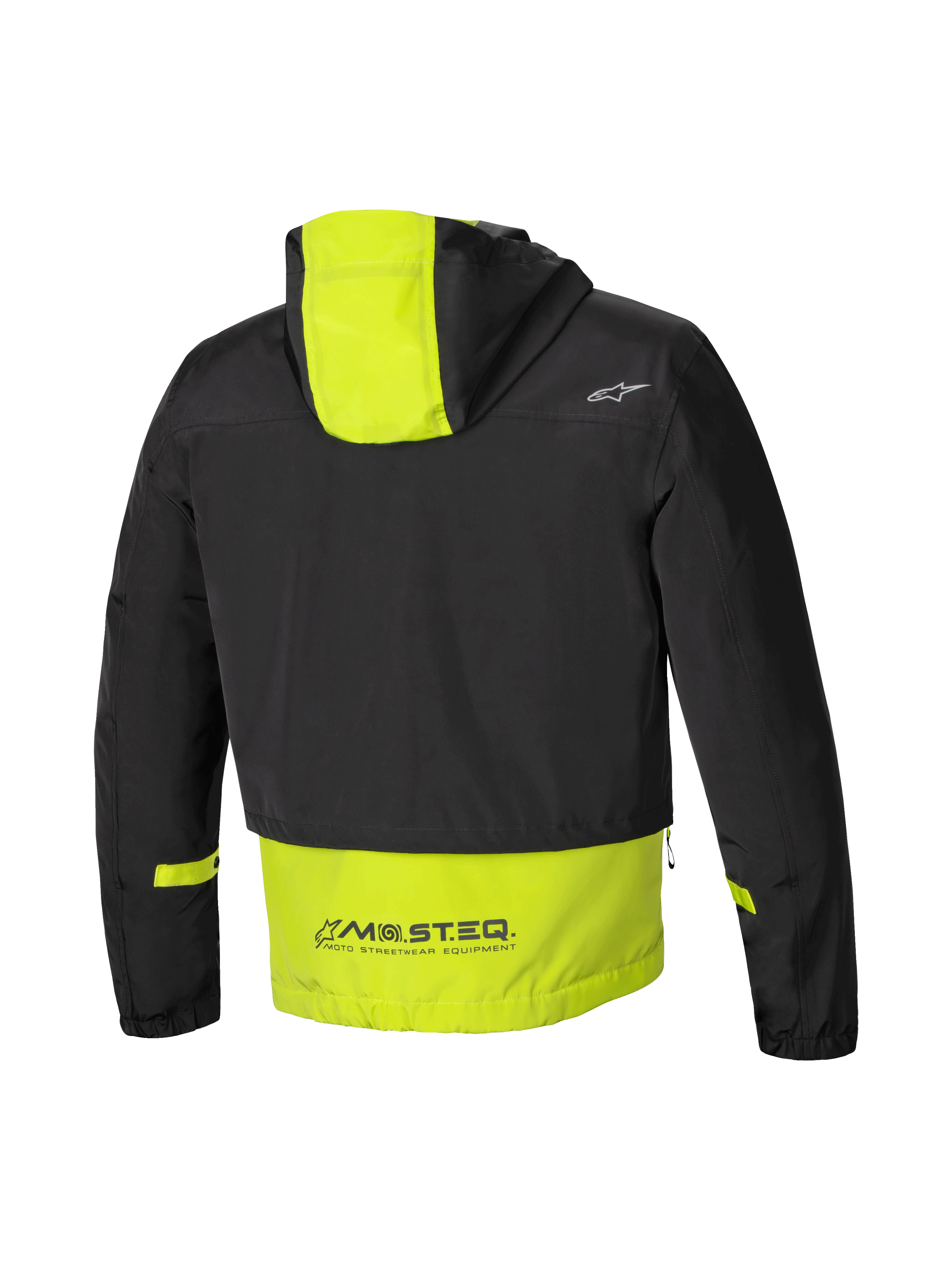 Alpinestars Mootant Waterdichte Parka, modulaire motorjas, achteraanzicht met capuchon en MO.ST.EQ.-branding, zwart en limoengroen, CE-gecertificeerd
