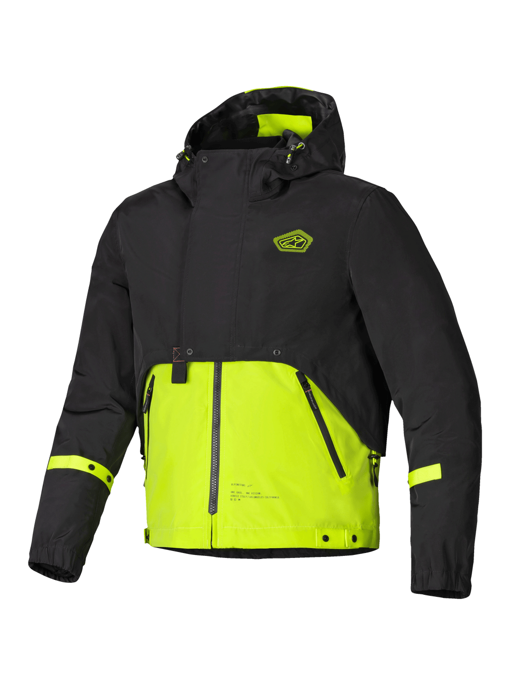 Alpinestars Mootant Waterdichte Parka, modulaire motorjas met capuchon, zwart en limepunch, CE-gecertificeerd, waterdicht en ademend