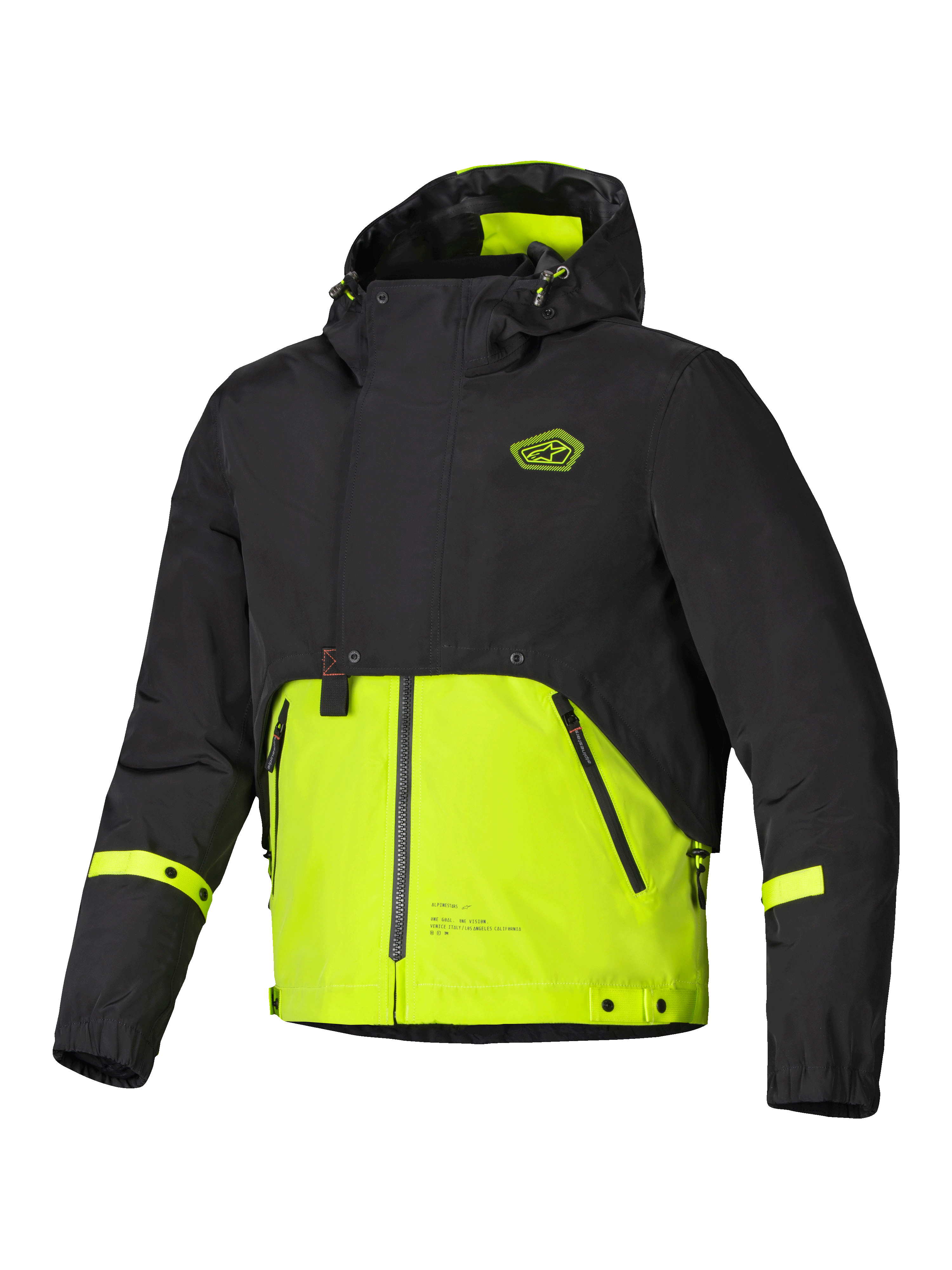 Alpinestars Mootant Waterdichte Parka, modulaire motorjas met capuchon, zwart en limepunch, CE-gecertificeerd, waterdicht en ademend