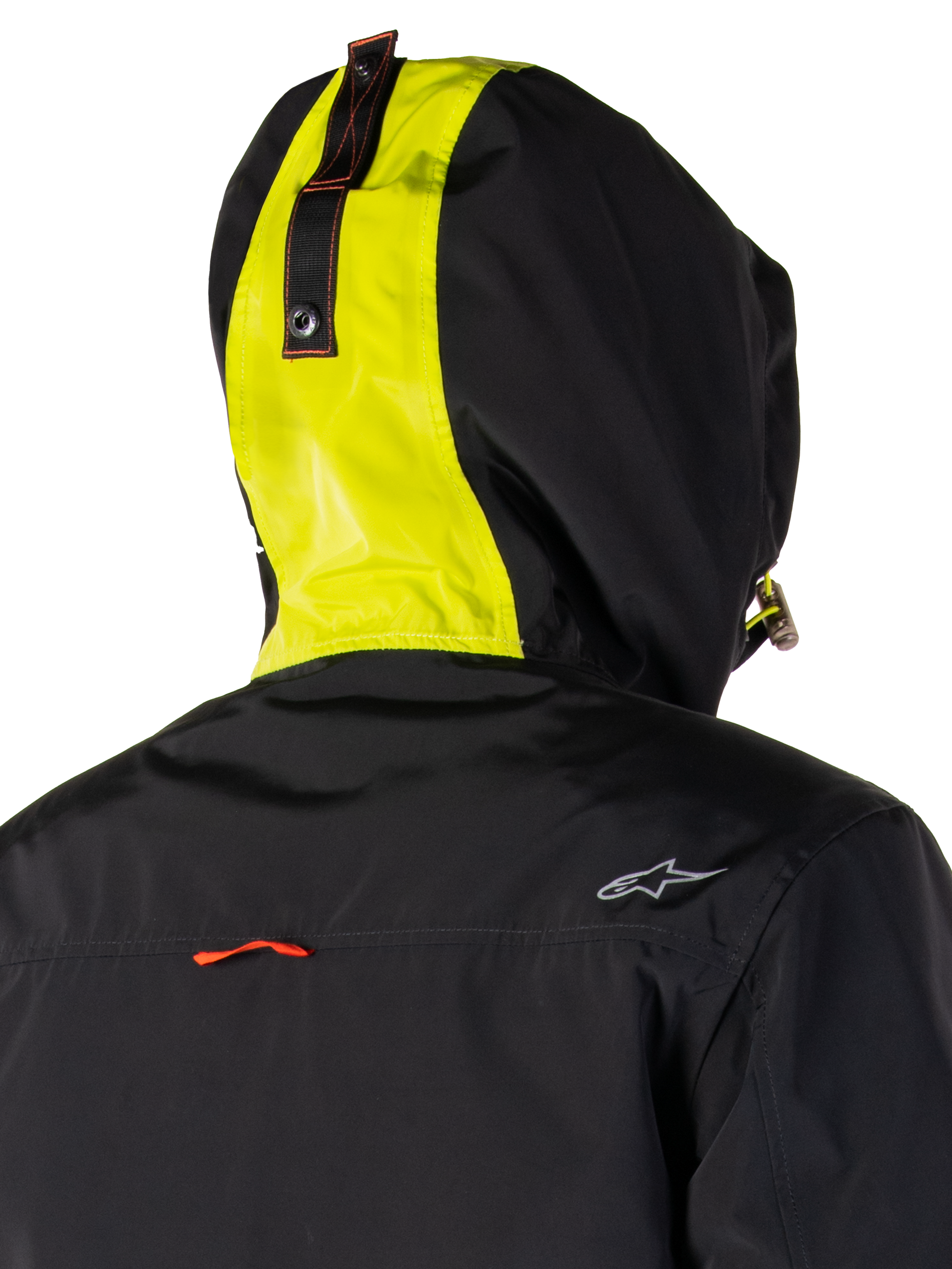 Alpinestars Mootant Waterproof Parka, motorjas, Lime Punch Black, modulair 3-in-1 ontwerp met capuchon, utilitaire militaire stijl, textiel materiaal, detail van de achterkant met opvallende limoengroene streep op de capuchon