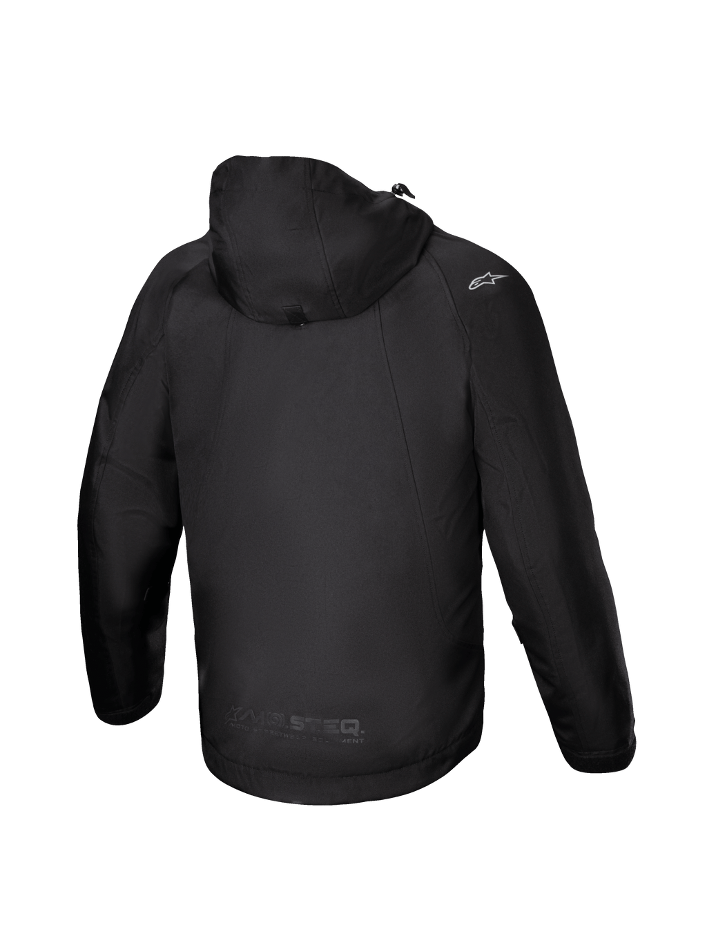 Alpinestars Morush waterdichte parka, zwarte urban herenmotorjas, textiel, achteraanzicht met capuchon en MO.ST.EQ. logo.