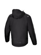 Alpinestars Morush waterdichte parka, zwarte urban herenmotorjas, textiel, achteraanzicht met capuchon en MO.ST.EQ. logo.