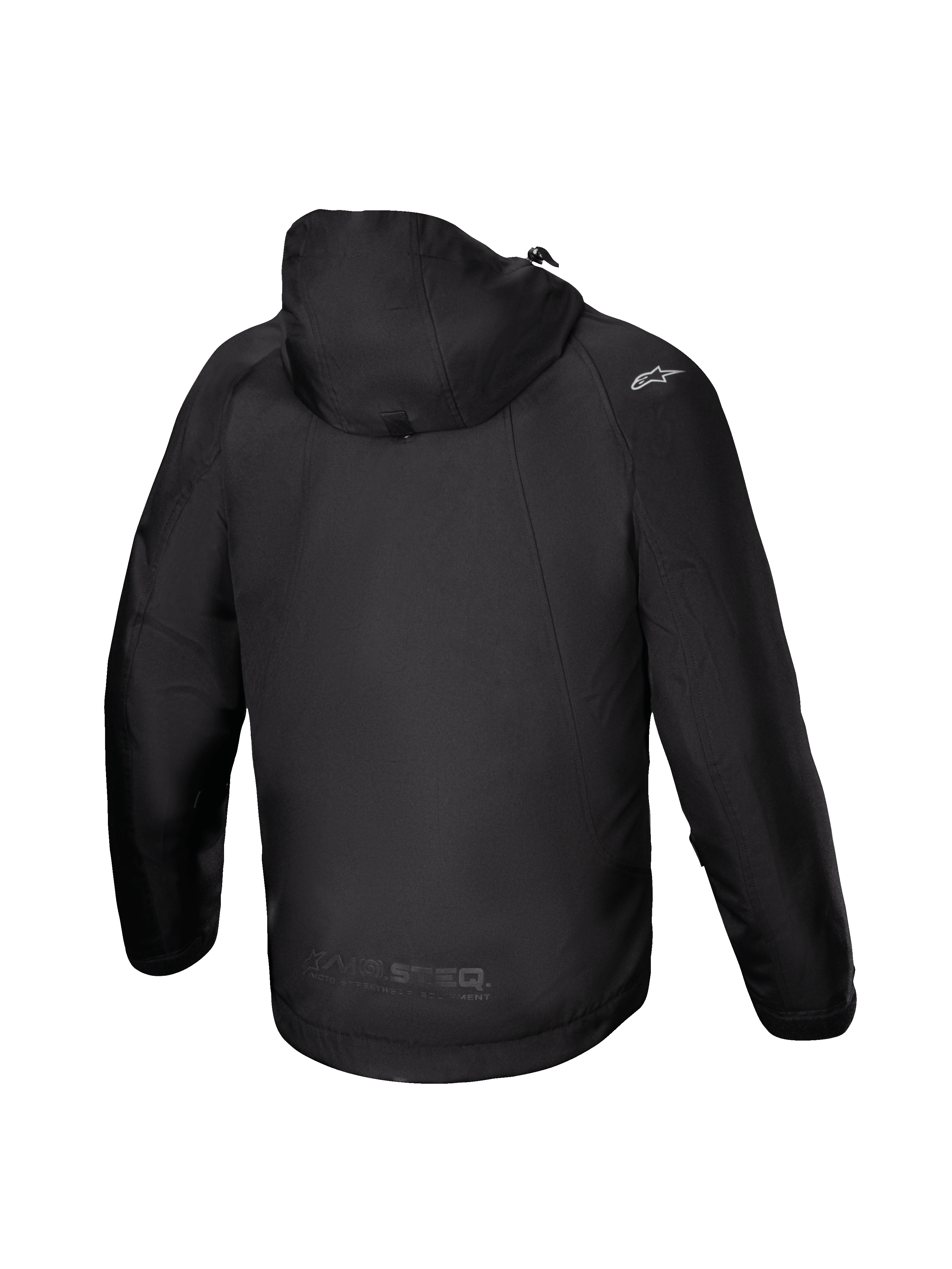 Alpinestars Morush waterdichte parka, zwarte urban herenmotorjas, textiel, achteraanzicht met capuchon en MO.ST.EQ. logo.
