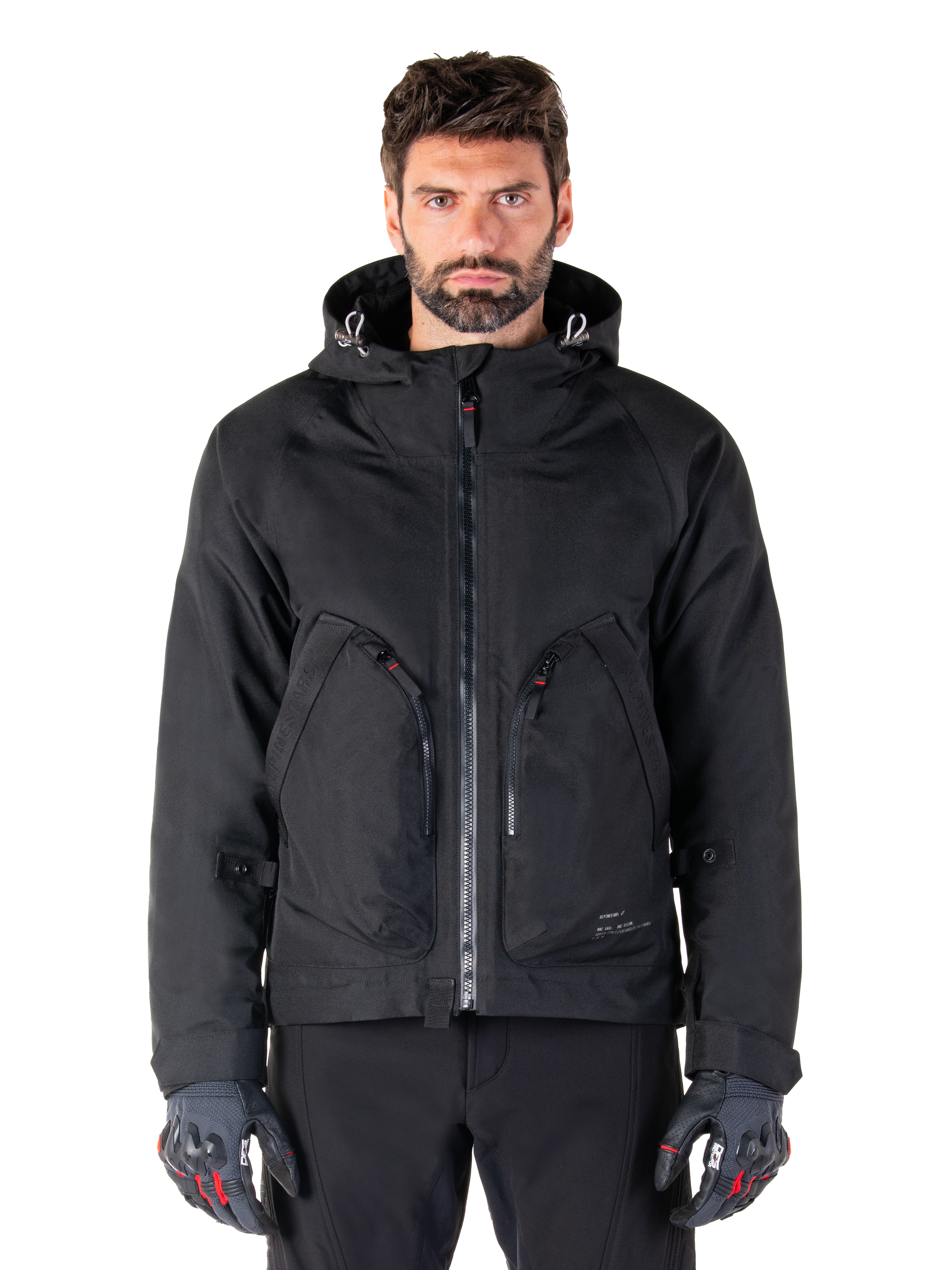 Alpinestars Morush waterdichte parka, zwarte herenmotorjas voor urban ritten, met capuchon en grote ritszakken.