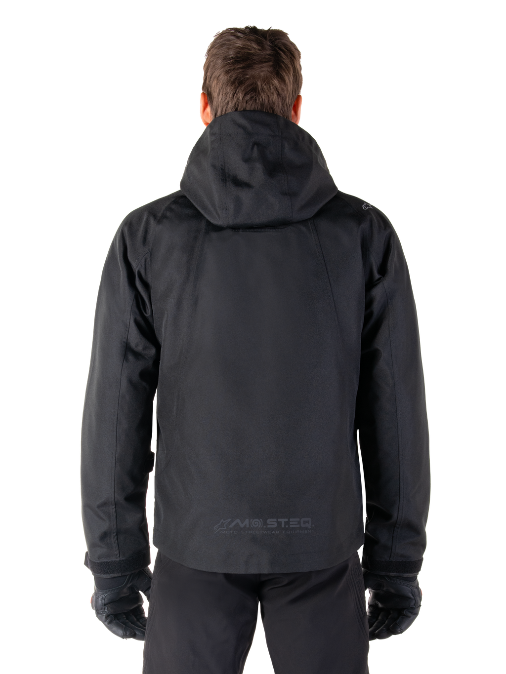 Alpinestars Morush waterdichte parka, zwarte urban herenmotorjas, achteraanzicht met capuchon en reflecterend MO.ST.EQ.-logo.