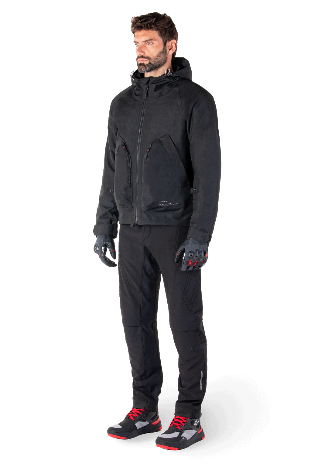 Alpinestars Morush Waterdichte Parka, urban motorjas voor heren, zwart, met stormbestendige capuchon, CE-bescherming en minimalistisch streetwear-ontwerp.