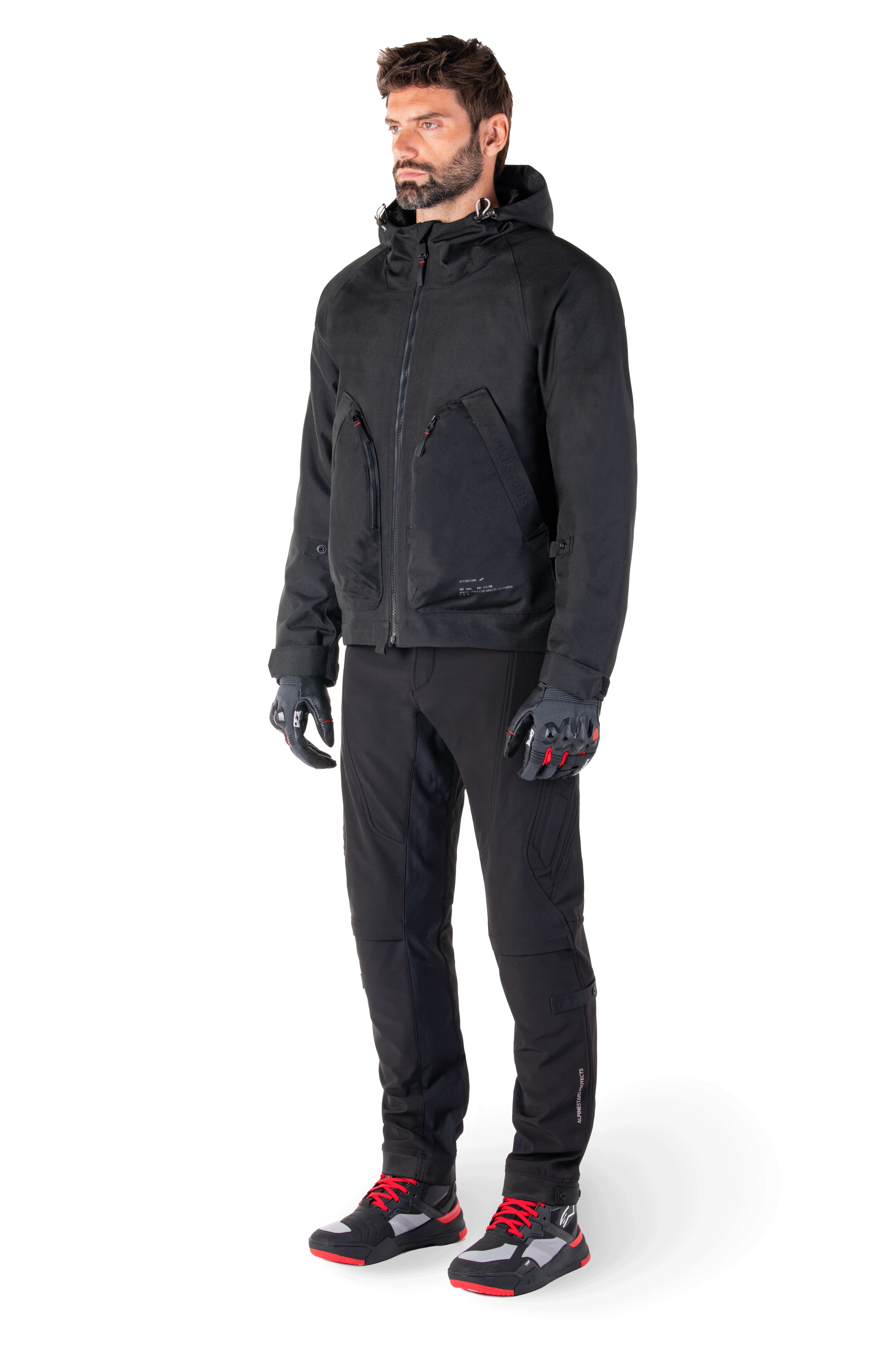 Alpinestars Morush Waterdichte Parka, urban motorjas voor heren, zwart, met stormbestendige capuchon, CE-bescherming en minimalistisch streetwear-ontwerp.
