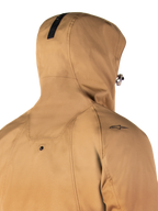 Alpinestars Morush Waterproof Parka, Utility Brown, close-up of the back and hood, featuring a small black star logo on the shoulder and hood-anchoring snap button, waterproof urban motorcycle jacket