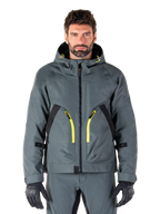 Alpinestars Morush Waterproof Parka, urban grijze motorjas, felgele ritsen en zwarte accenten, ontwerp met capuchon en grote voorzakken, technische streetwear-geïnspireerde styling