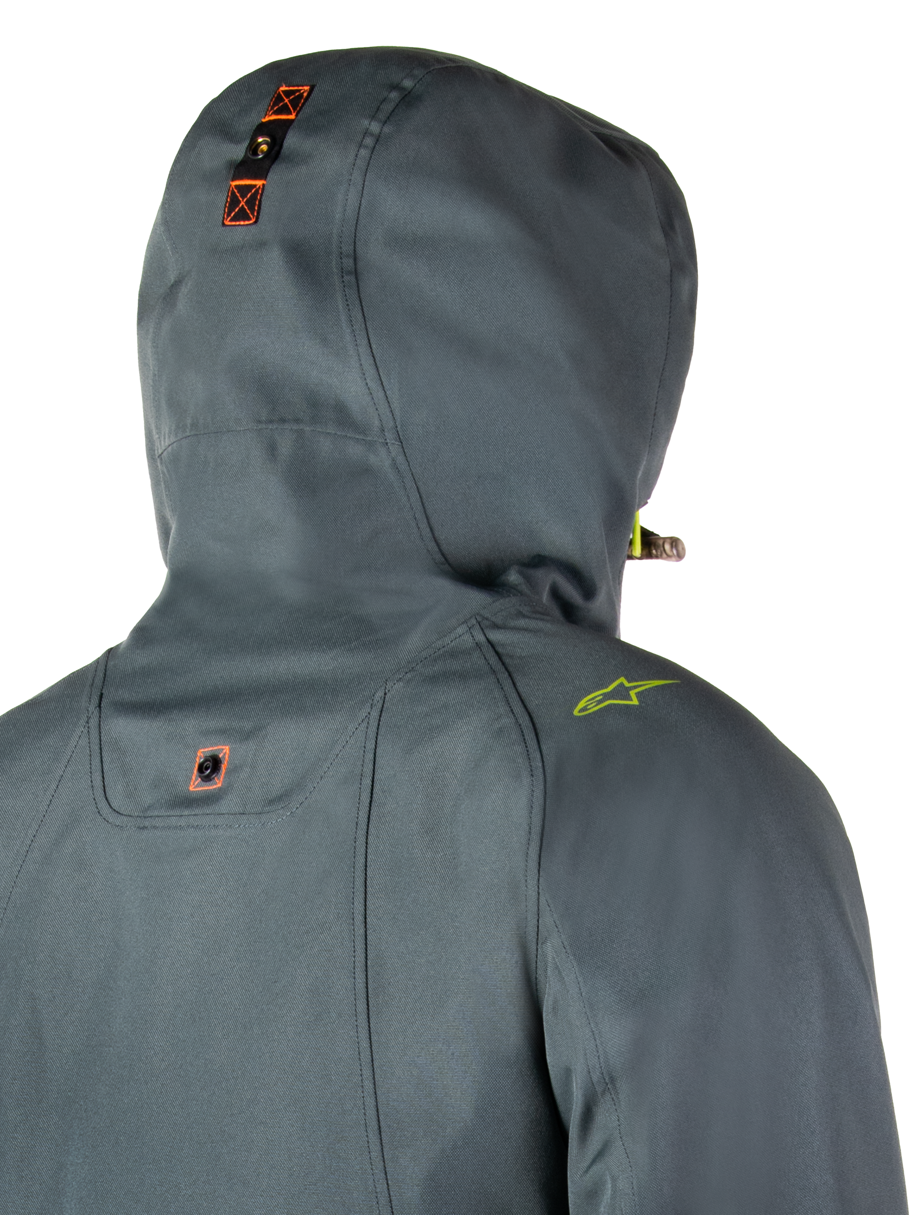 Alpinestars Morush Waterproof Parka, Urban Gray, gedetailleerd achteraanzicht van de capuchon met drukknoopsysteem en oranje accenten, limegroen logo op de schouder, waterdichte urban motor streetwear