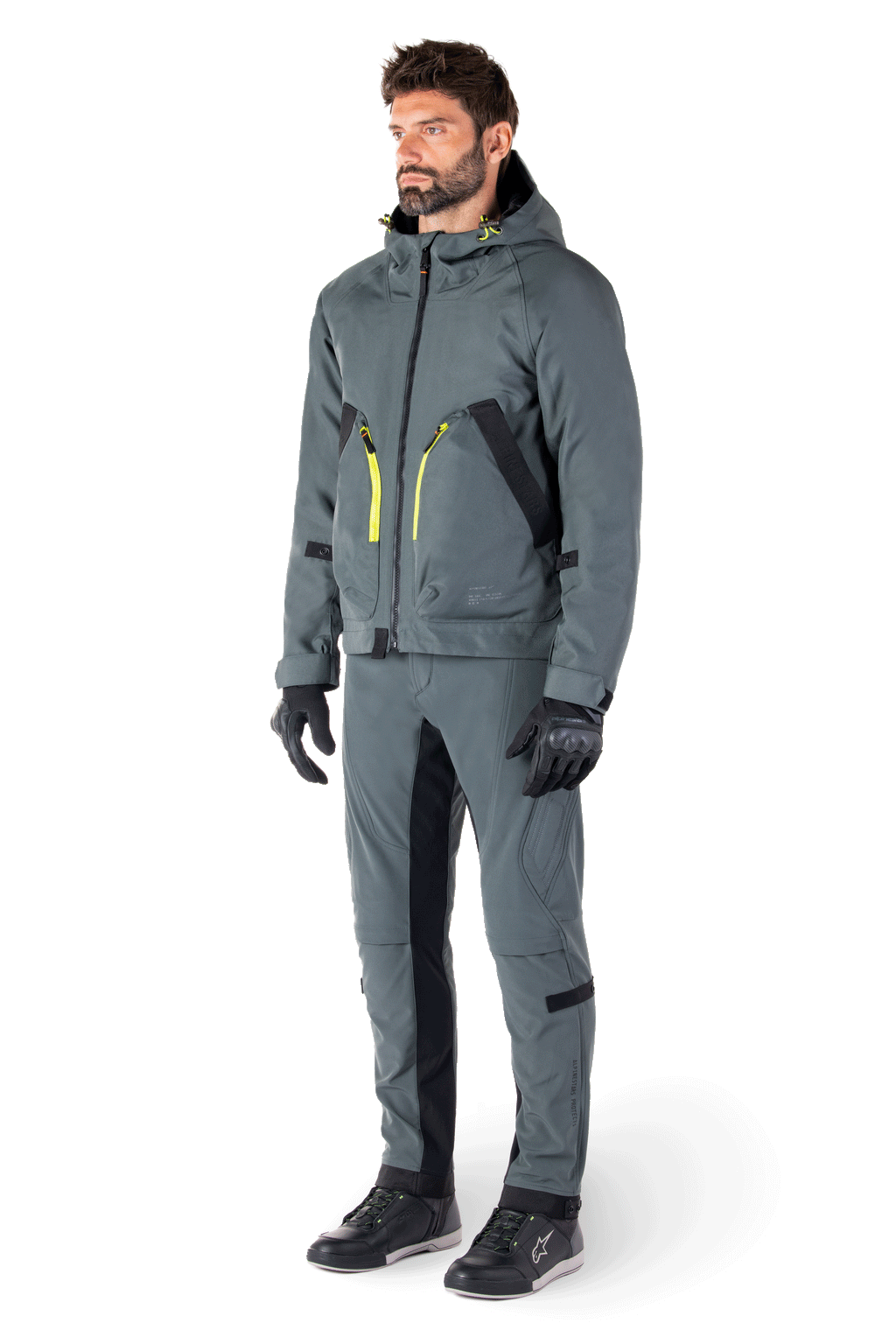 Alpinestars Morush Waterproof Parka in Urban Gray, streetwear-geïnspireerde motorjas met stormbestendige capuchon, grote 3D-zakken aan de voorzijde, minimalistisch stedelijk ontwerp