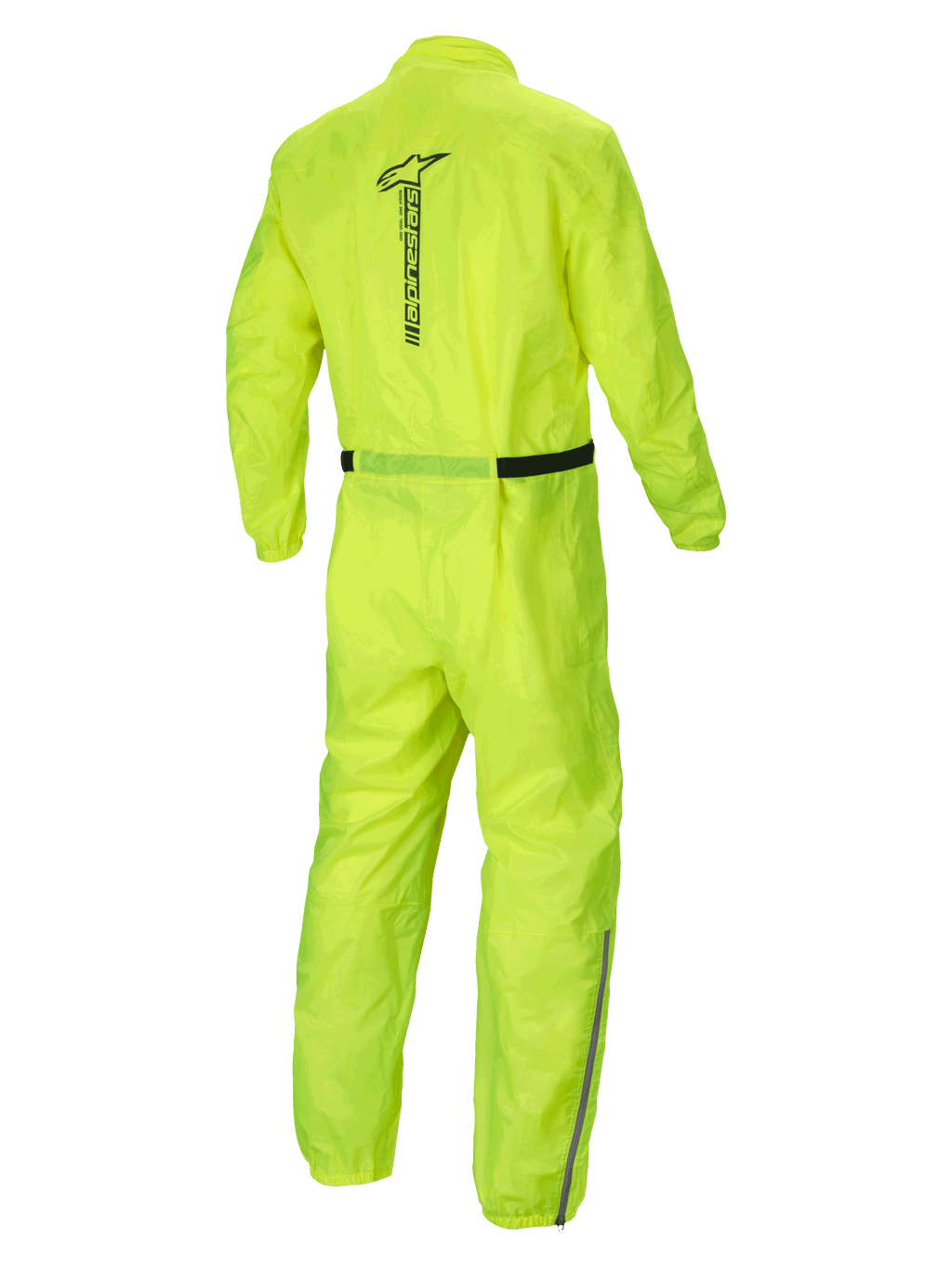 Alpinestars Hurricane Rain V2 regenpak, waterdicht motorregenpak, geel fluo, achteraanzicht met reflecterend Alpinestars-woordmerk en lichtgewicht textielconstructie