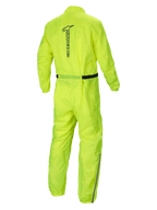 Alpinestars Hurricane Rain V2 regenpak, waterdicht motorregenpak, geel fluo, achteraanzicht met reflecterend Alpinestars-woordmerk en lichtgewicht textielconstructie