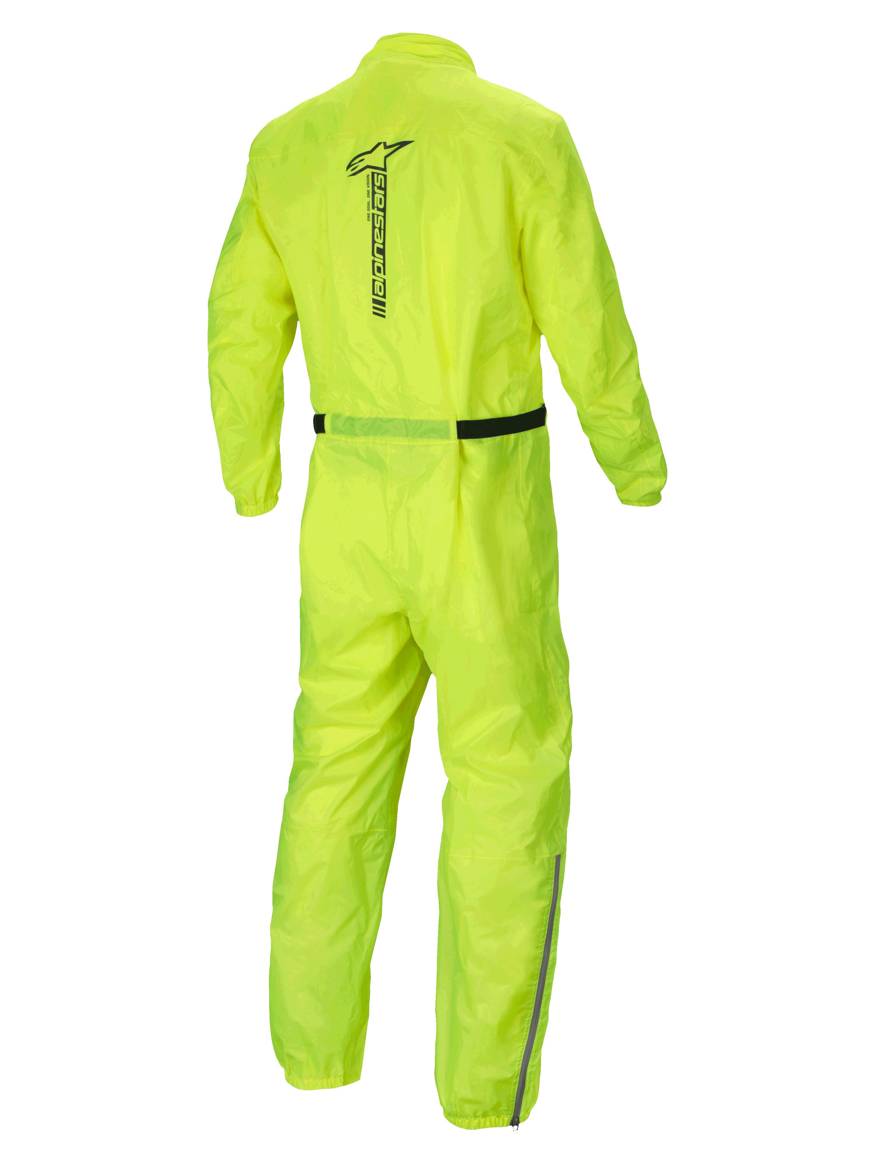 Alpinestars Hurricane Rain V2 regenpak, waterdicht motorregenpak, geel fluo, achteraanzicht met reflecterend Alpinestars-woordmerk en lichtgewicht textielconstructie