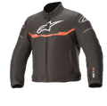 Alpinestars Youth T-Sp S Waterproof Jacket, motorjas, zwart en fluo rood, met een wit logo op de borst, horizontale fluorescerend rode streep en SP-S branding op de mouw, duurzame waterdichte textielconstructie voor jonge rijders.