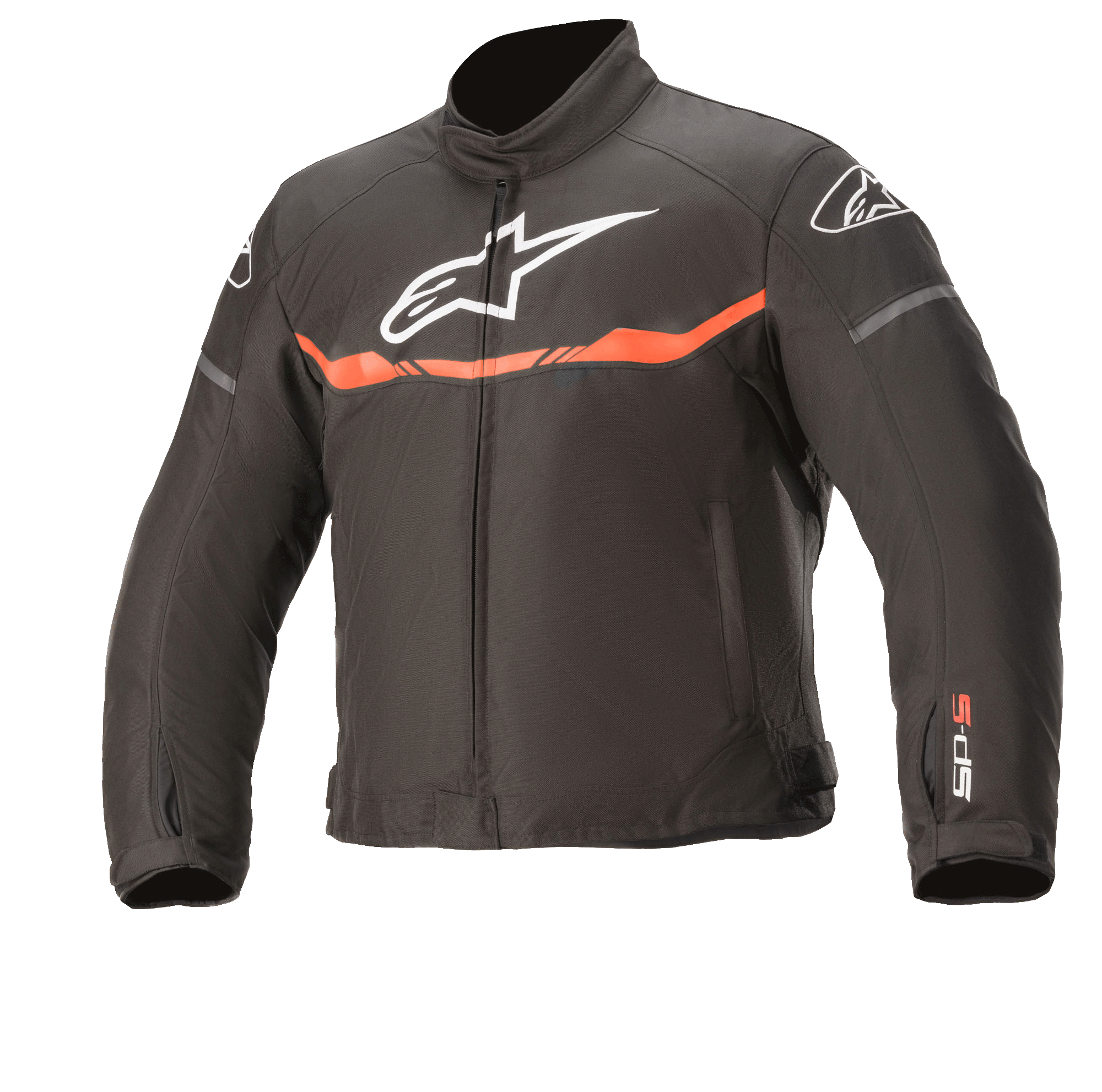 Alpinestars Youth T-Sp S Waterproof Jacket, motorjas, zwart en fluo rood, met een wit logo op de borst, horizontale fluorescerend rode streep en SP-S branding op de mouw, duurzame waterdichte textielconstructie voor jonge rijders.