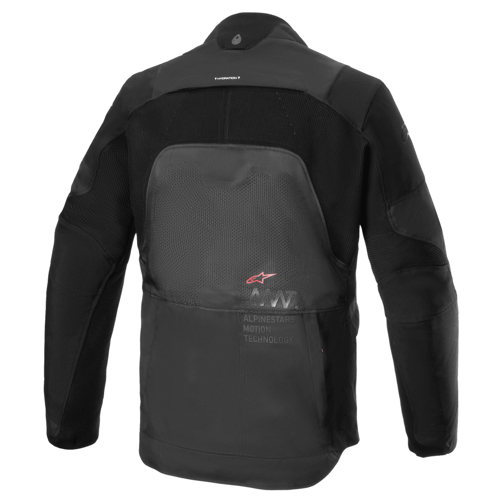 Alpinestars AMT-7 Air Jacket, motorjas, Black Dark Shadow, achteraanzicht met MATRYX ventilatiepanelen op de rug, CORDURA Ripstop op de schouders en armen en Alpinestars Motion Technology branding.