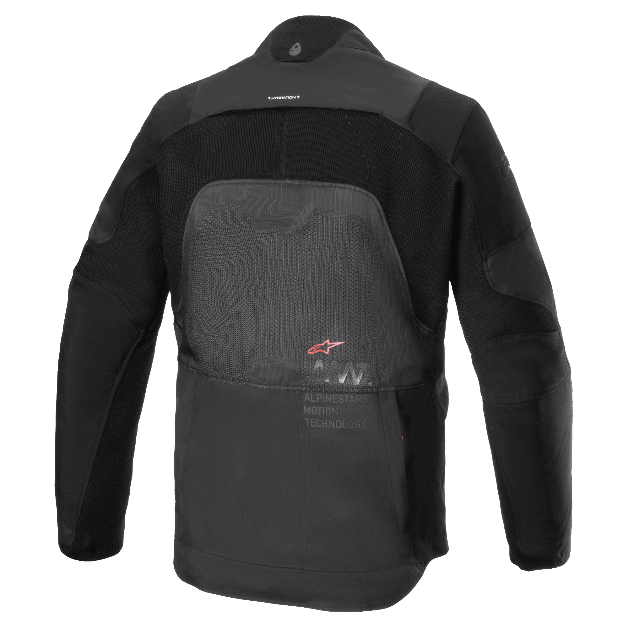 Alpinestars AMT-7 Air Jacket, motorjas, Black Dark Shadow, achteraanzicht met MATRYX ventilatiepanelen op de rug, CORDURA Ripstop op de schouders en armen en Alpinestars Motion Technology branding.