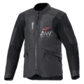 Alpinestars AMT-7 Air Jacket, motorjas, zwart en Dark Shadow, MATRYX mesh ventilatiepanelen op de borst, rood sterlogo met zilveren AMT-branding, cargozakken met rits aan de voorzijde, textiel adventure en road touring ontwerp