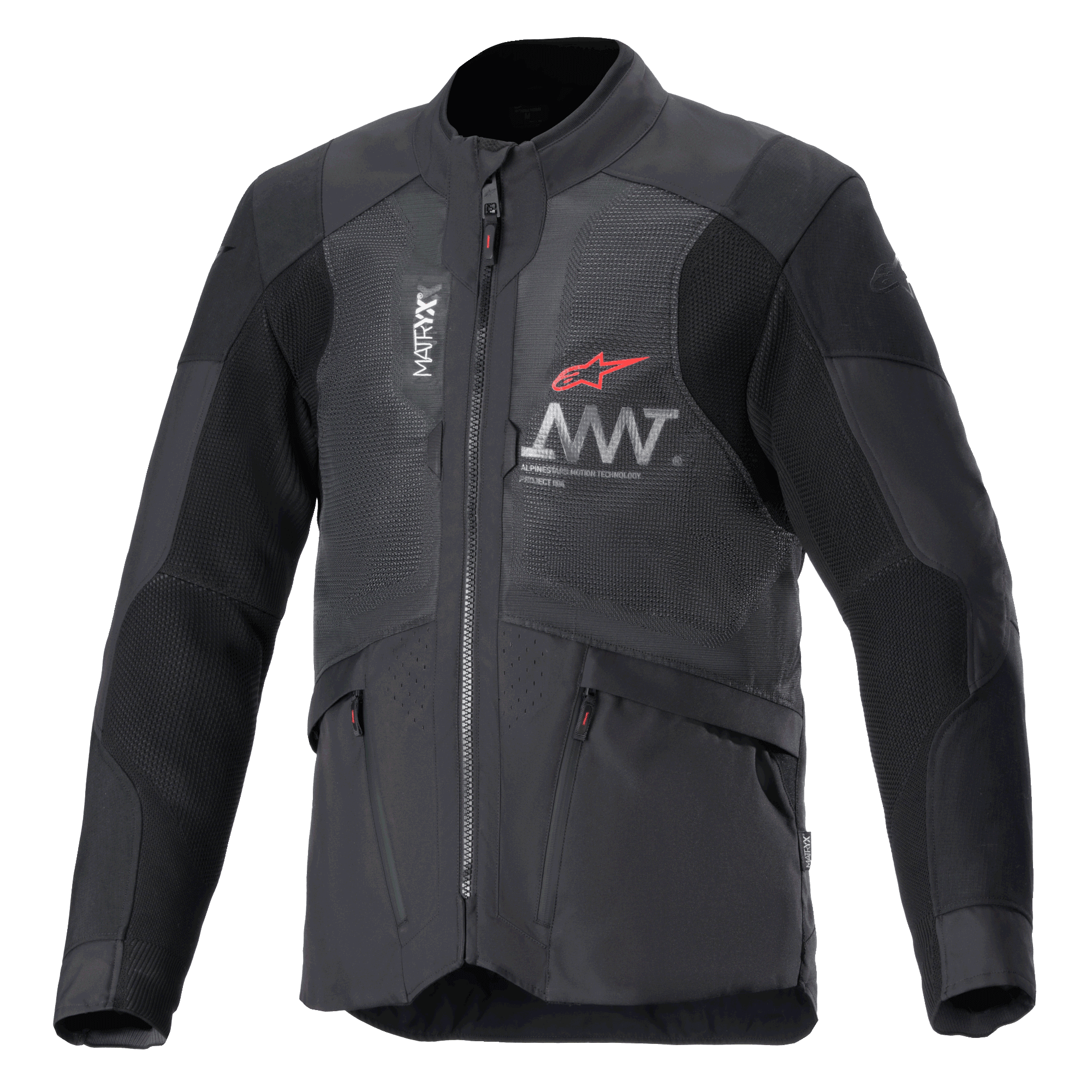 Alpinestars AMT-7 Air Jacket, motorjas, zwart en Dark Shadow, MATRYX mesh ventilatiepanelen op de borst, rood sterlogo met zilveren AMT-branding, cargozakken met rits aan de voorzijde, textiel adventure en road touring ontwerp