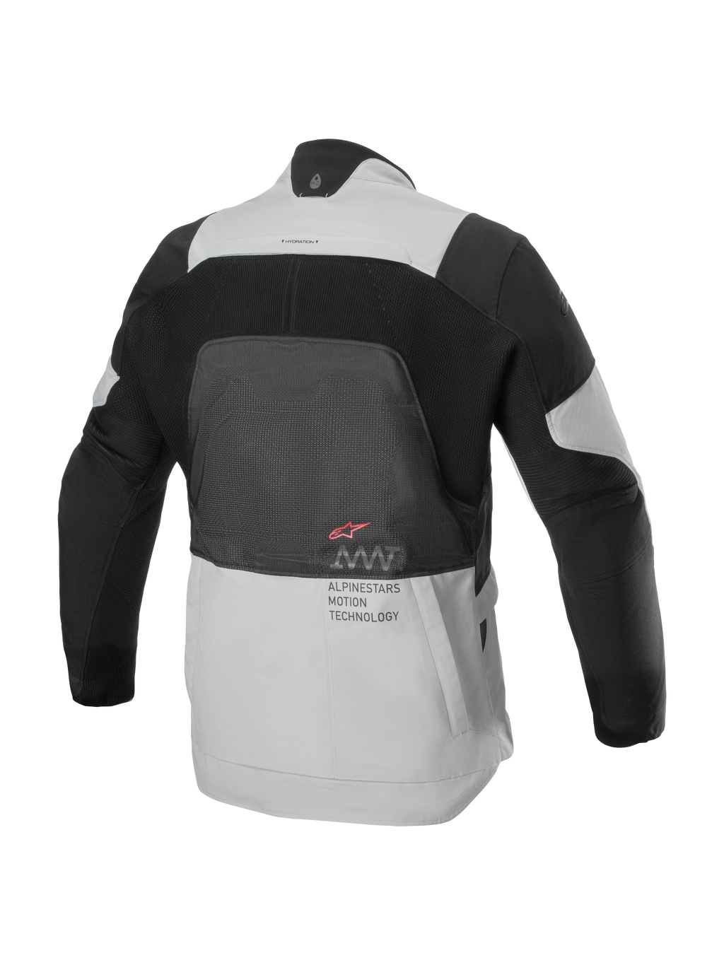 Alpinestars AMT-7 Air Jacket, achteraanzicht, Tan en Dark Shadow, technische motorjas met groot MATRYX® mesh-paneel op de rug, 'Alpinestars Motion Technology' tekst en rood logo, ontworpen voor zomer adventure touring