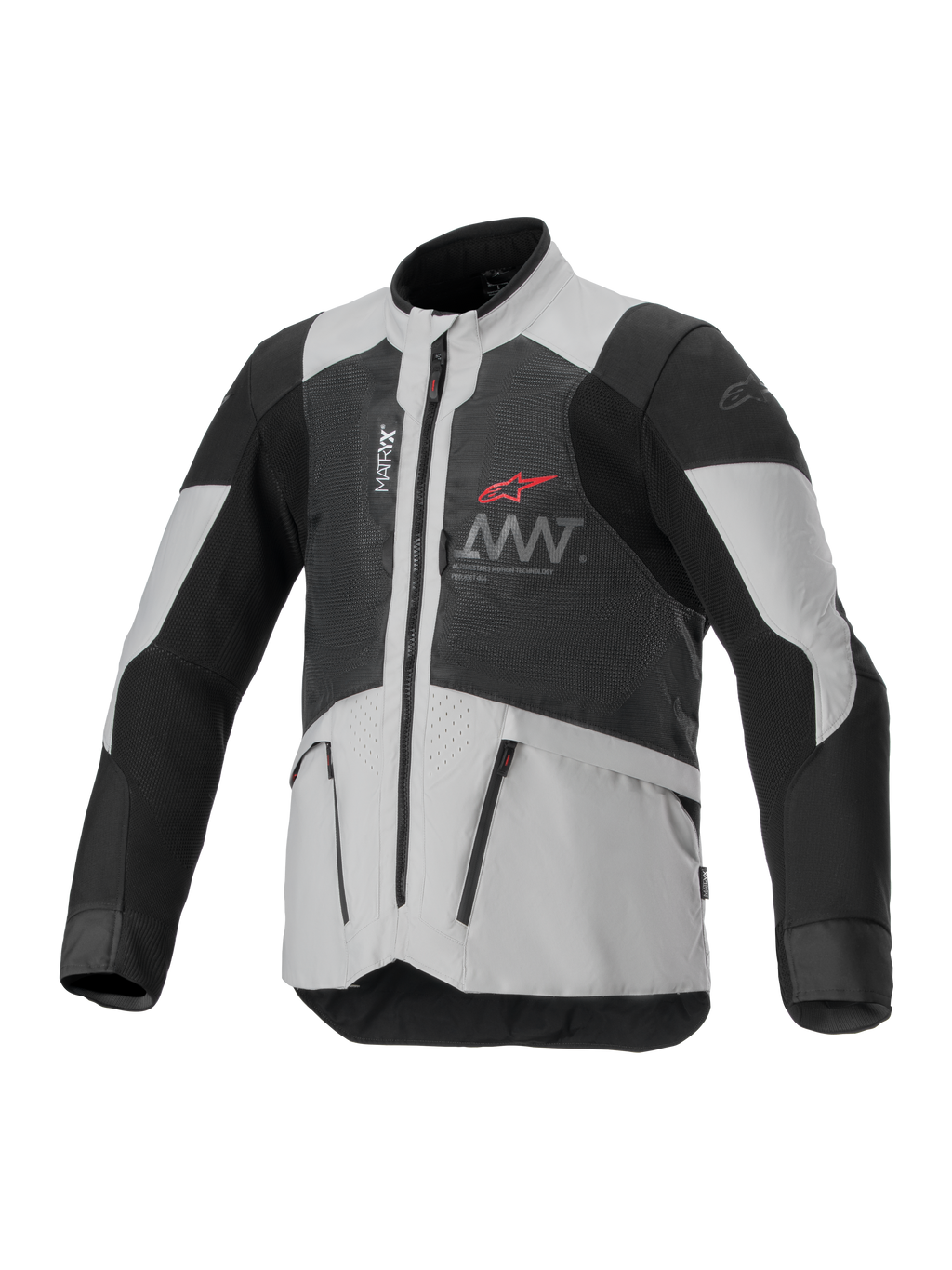 Alpinestars AMT-7 Air Jacket, geventileerde motorjas, zwart en wit, voorzien van MATRYX-ventilatiepanelen, zakken met rits en een hoge kraag, sportief design met rood Alpinestars-logo