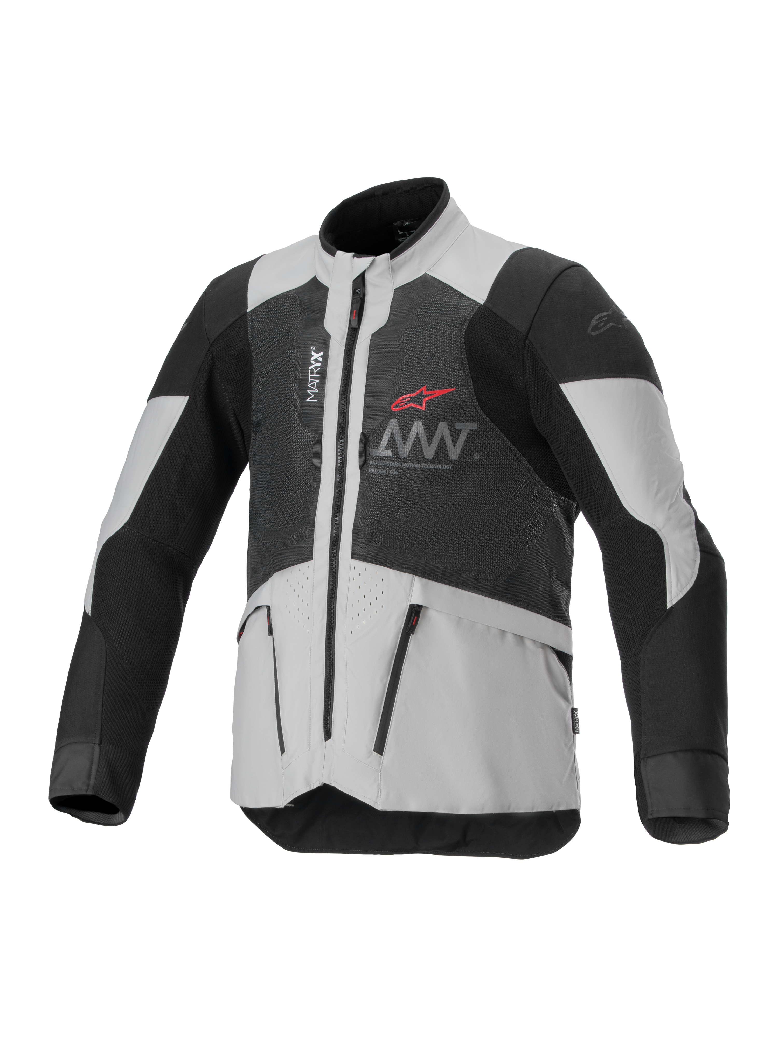 Alpinestars AMT-7 Air Jacket, Motorcycle Ventilated Jacket, Black and White, featuring MATRYX ventilation panels, zippered pockets, and high collar, sporty design with red Alpinestars logo