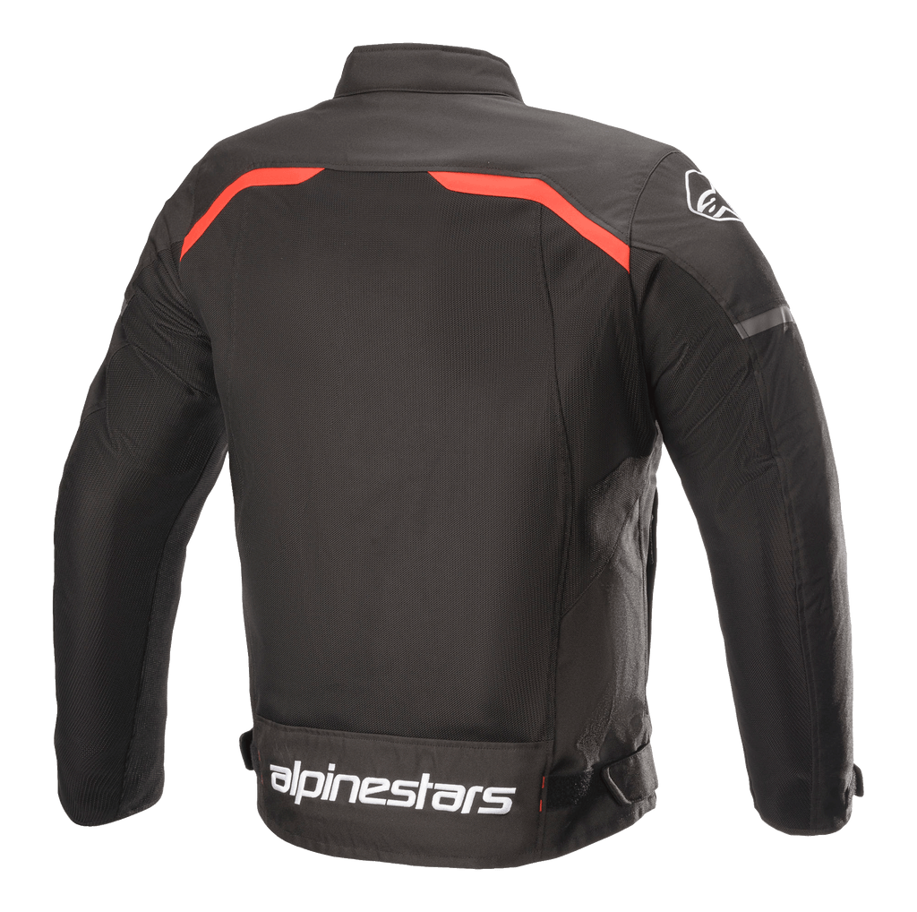 Alpinestars T-SPS Superair Jas, textiele motorjas, zwart met felle rode accenten, achteraanzicht met grote mesh ventilatiepanelen, rode bies over de schouders en opvallende witte Alpinestars-branding op de onderrug.