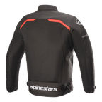 Alpinestars T-SPS Superair Jas, textiele motorjas, zwart met felle rode accenten, achteraanzicht met grote mesh ventilatiepanelen, rode bies over de schouders en opvallende witte Alpinestars-branding op de onderrug.
