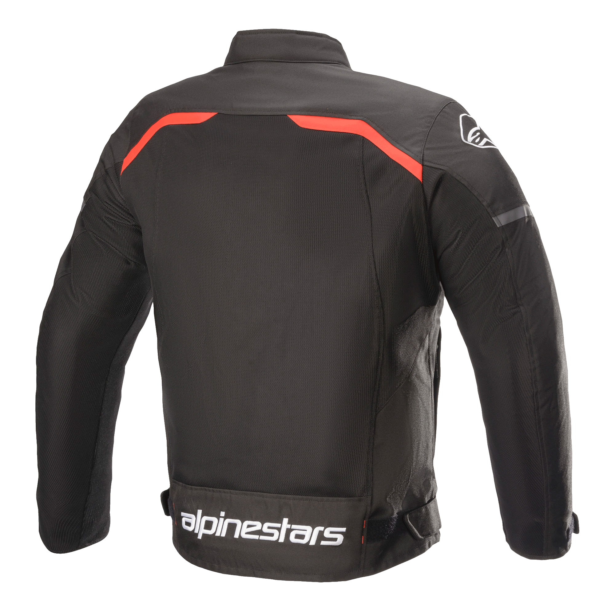 Alpinestars T-SPS Superair Jas, textiele motorjas, zwart met felle rode accenten, achteraanzicht met grote mesh ventilatiepanelen, rode bies over de schouders en opvallende witte Alpinestars-branding op de onderrug.