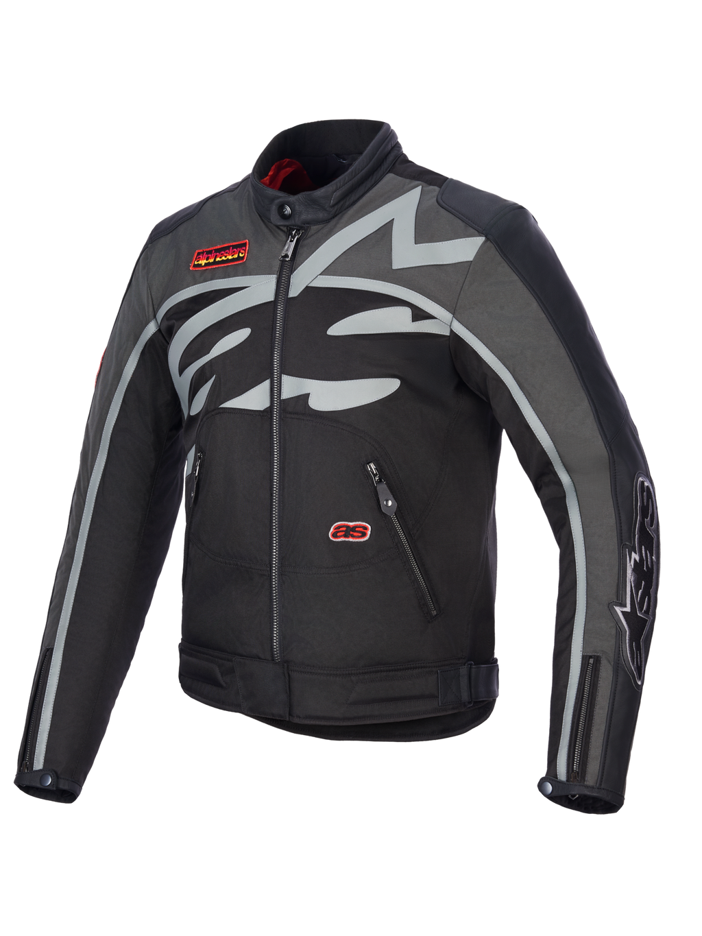 Alpinestars Axton Jas, motorjas, zwart antraciet rood tangerine, met een groot grijs rondom lopend logo op de borst, rode merkpatches, constructie van textiel en leer, vintage racing-geïnspireerd ontwerp voor stads- en weggebruik