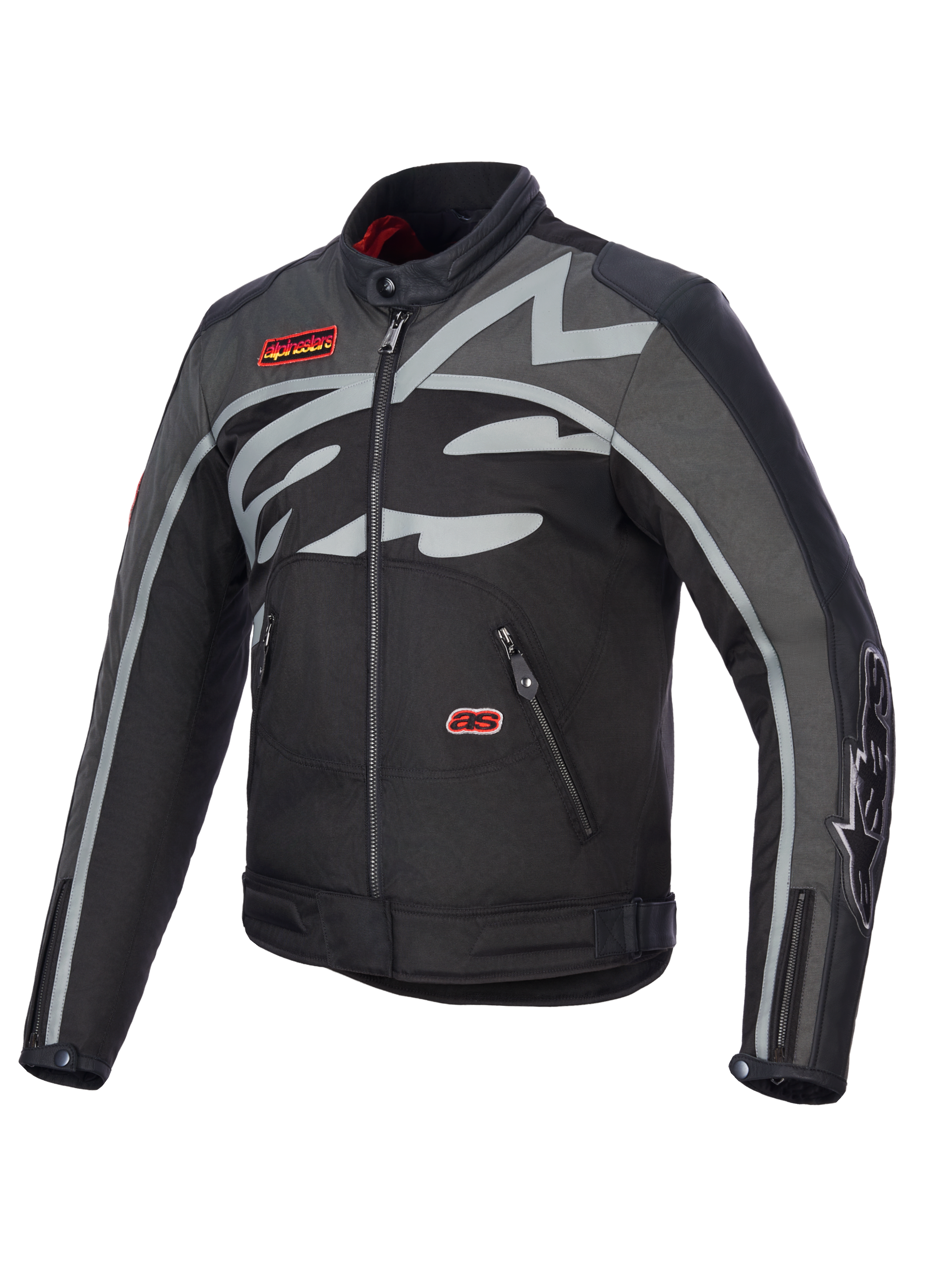 Alpinestars Axton Jas, motorjas, zwart antraciet rood tangerine, met een groot grijs rondom lopend logo op de borst, rode merkpatches, constructie van textiel en leer, vintage racing-geïnspireerd ontwerp voor stads- en weggebruik