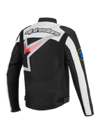 Alpinestars Axton Jacket, motorjas, zwart met gebroken wit en felrood, achteraanzicht met een groot rondom lopend Alpinestars-logo, accordeon stretchpanelen op de schouders en metalen oogjes, vintage-geïnspireerde race-esthetiek