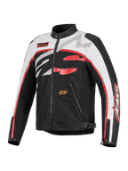Alpinestars Axton Jacket, motorjas, zwart, gebroken wit en felrood, op vintage racing geïnspireerd ontwerp met opvallend rondom lopend Alpinestars-logo, constructie van textiel en leer, zakken met ritssluiting en biker kraag