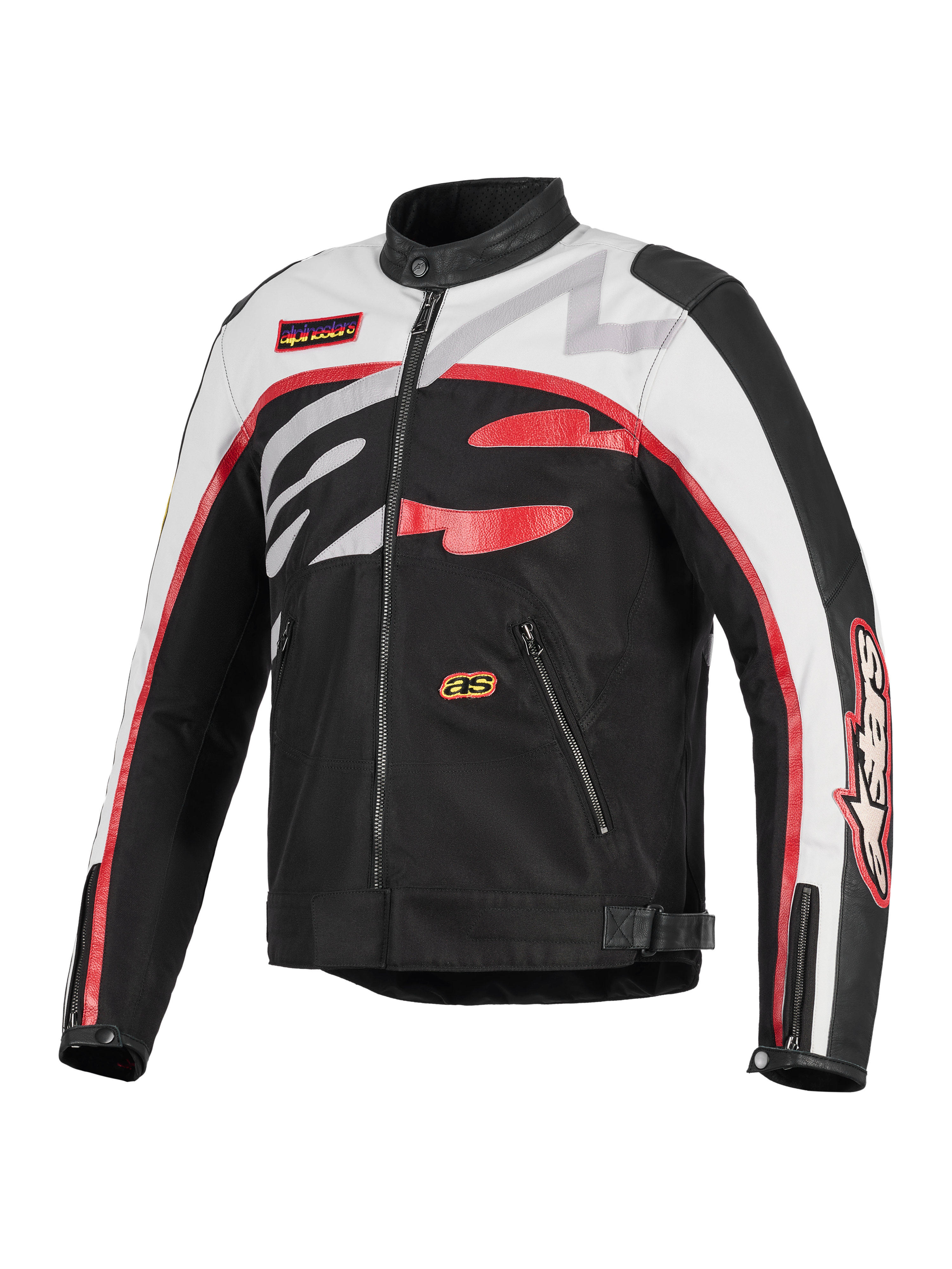 Alpinestars Axton Jacket, motorjas, zwart, gebroken wit en felrood, op vintage racing geïnspireerd ontwerp met opvallend rondom lopend Alpinestars-logo, constructie van textiel en leer, zakken met ritssluiting en biker kraag