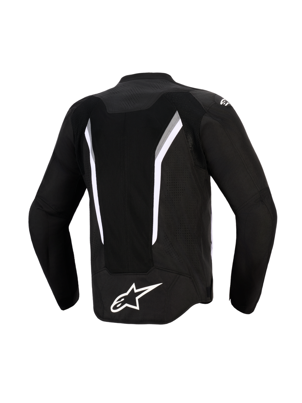 Alpinestars AST V3 Air Jas, achteraanzicht, zwart met witte en donkergrijze accenten, voorzien van een groot mesh-ventilatiepaneel, wit Alpinestars-logo op de onderrug en laser-geperforeerde zones, technische motorjas met sportieve pasvorm